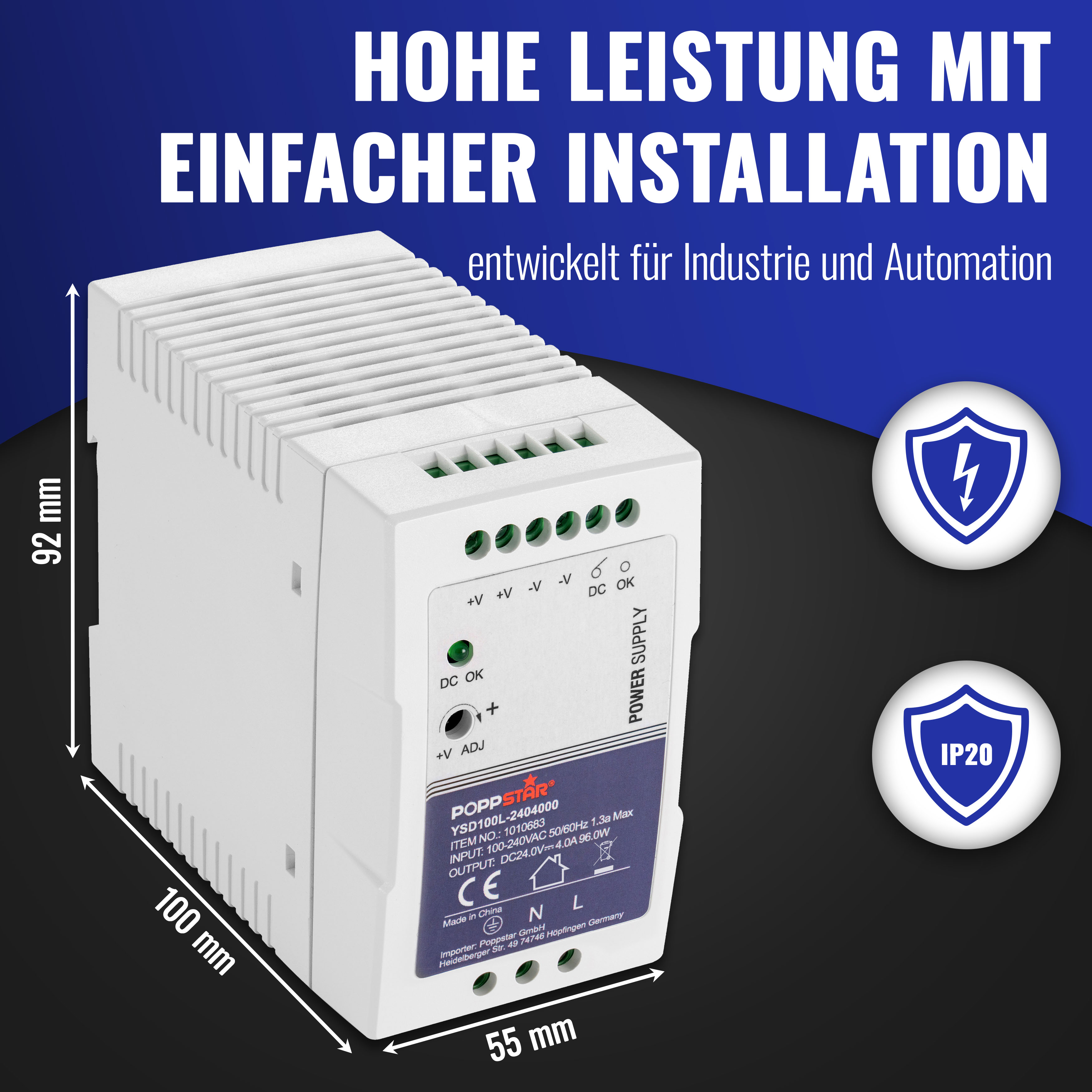 Hutschienen-Netzteil 24V DC 4A 96 Watt 55x100x92mm