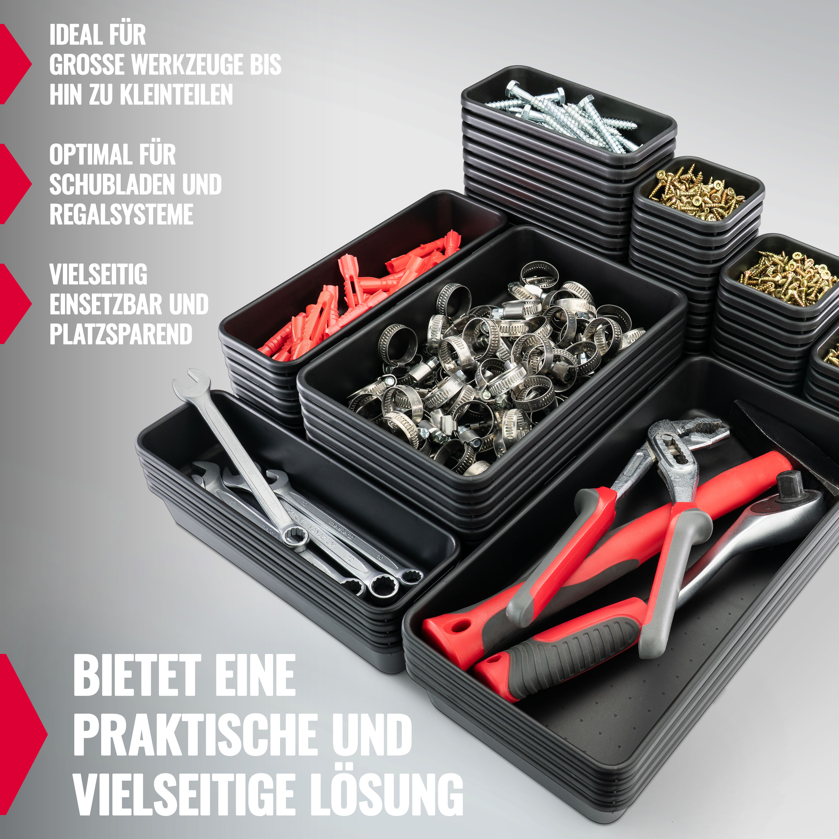 Poppstar 46x Werkzeug Organizer, 5 Größen, Kunststoff, schwarz