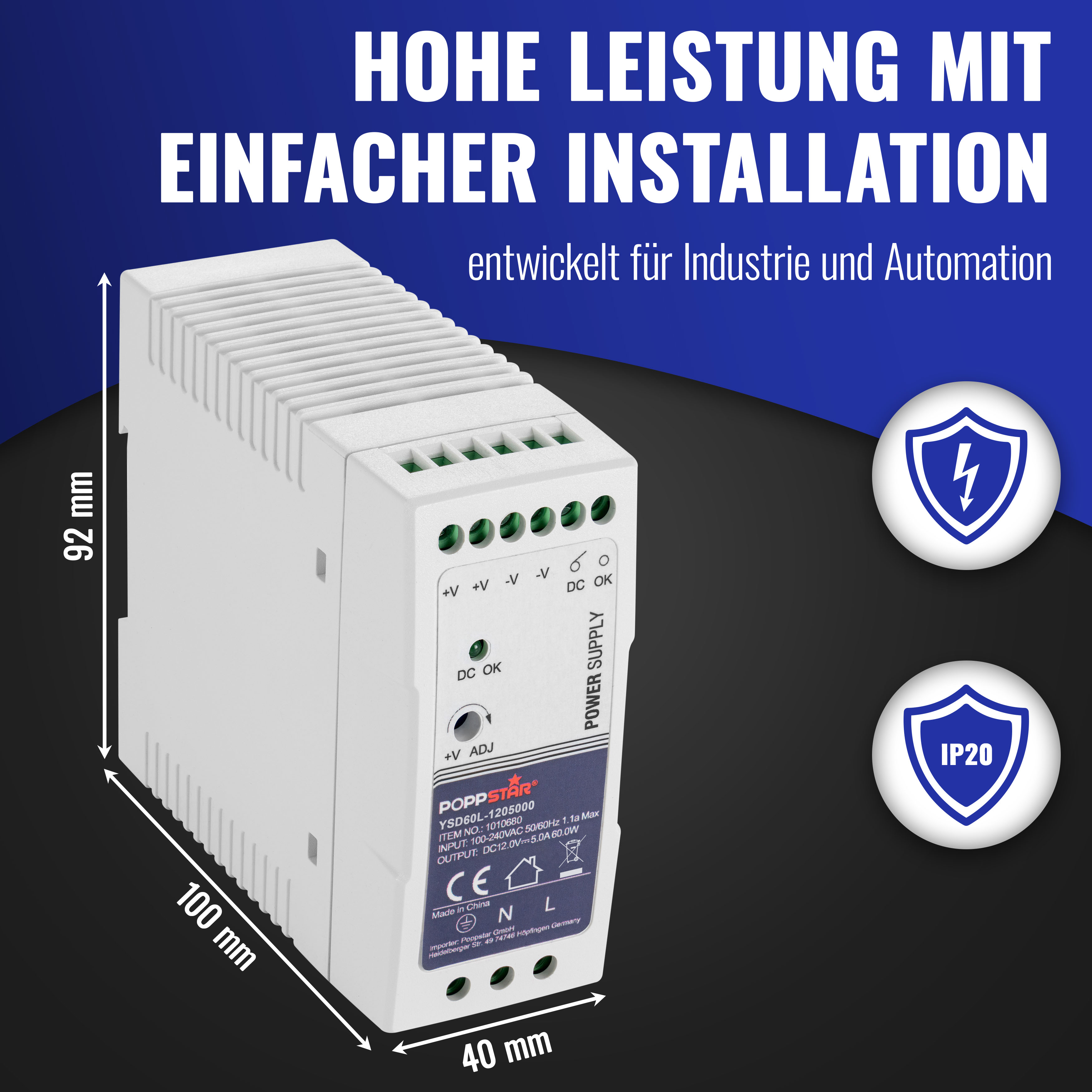 Hutschienen-Netzteil 12V DC 5A 60 Watt 40x100x92mm