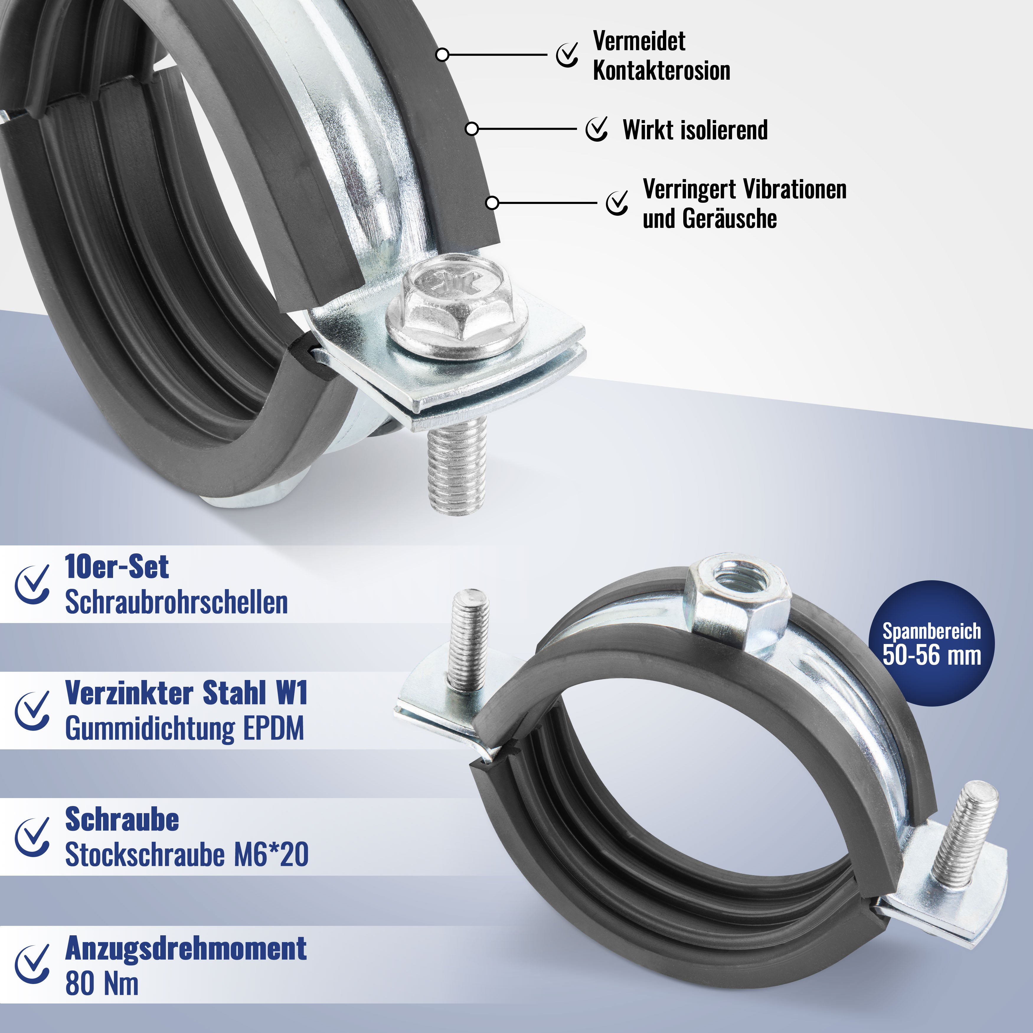 10 Schraubrohrschellen W1 (50-56 mm, Stockschrauben und Dübeln)