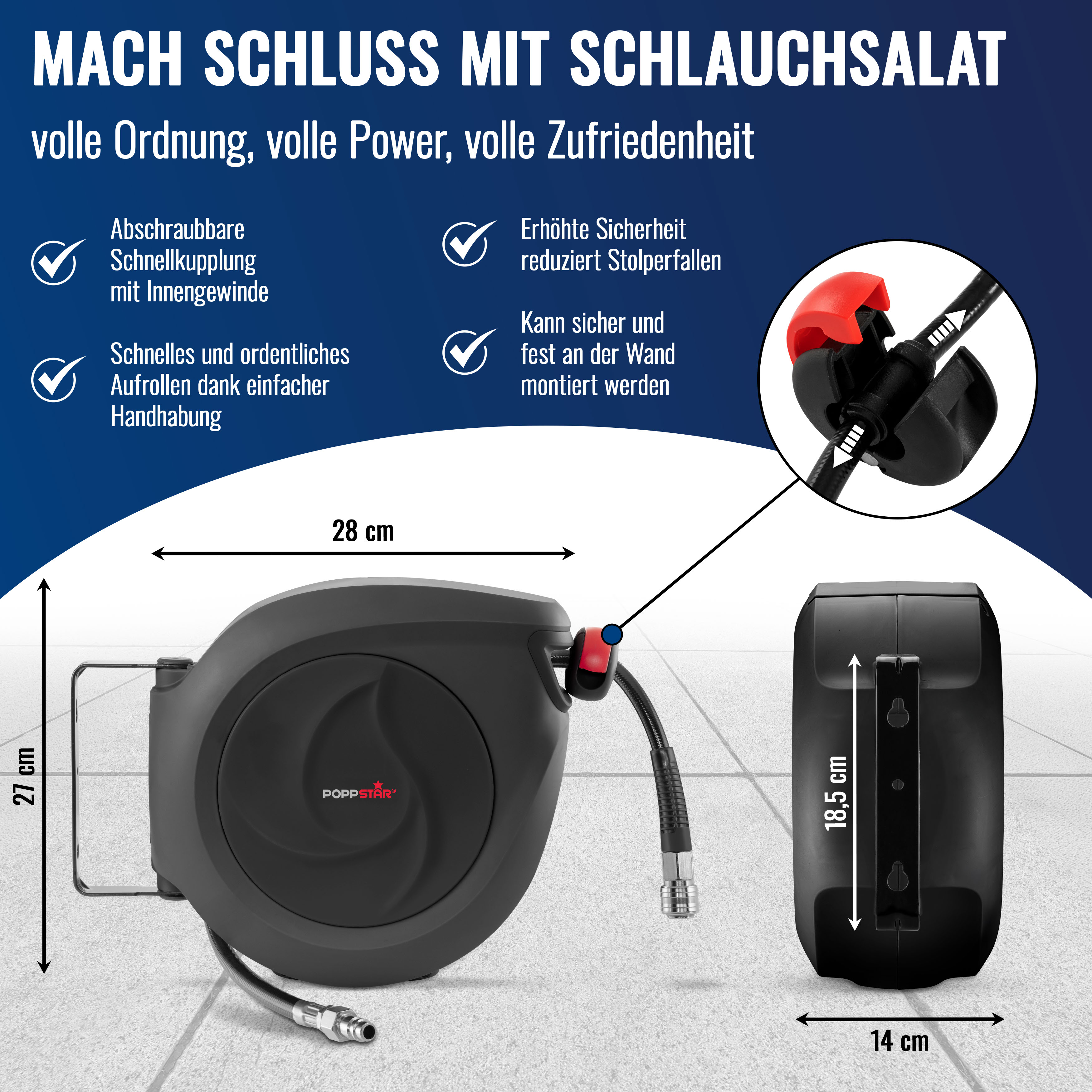Druckluft Schlauchtrommel 10m Poppstar Automatik Druckluft-Schlauchtrommel – 10 M + 1 M Anschluss, Praktischer Aufroller Für Die Werkstatt