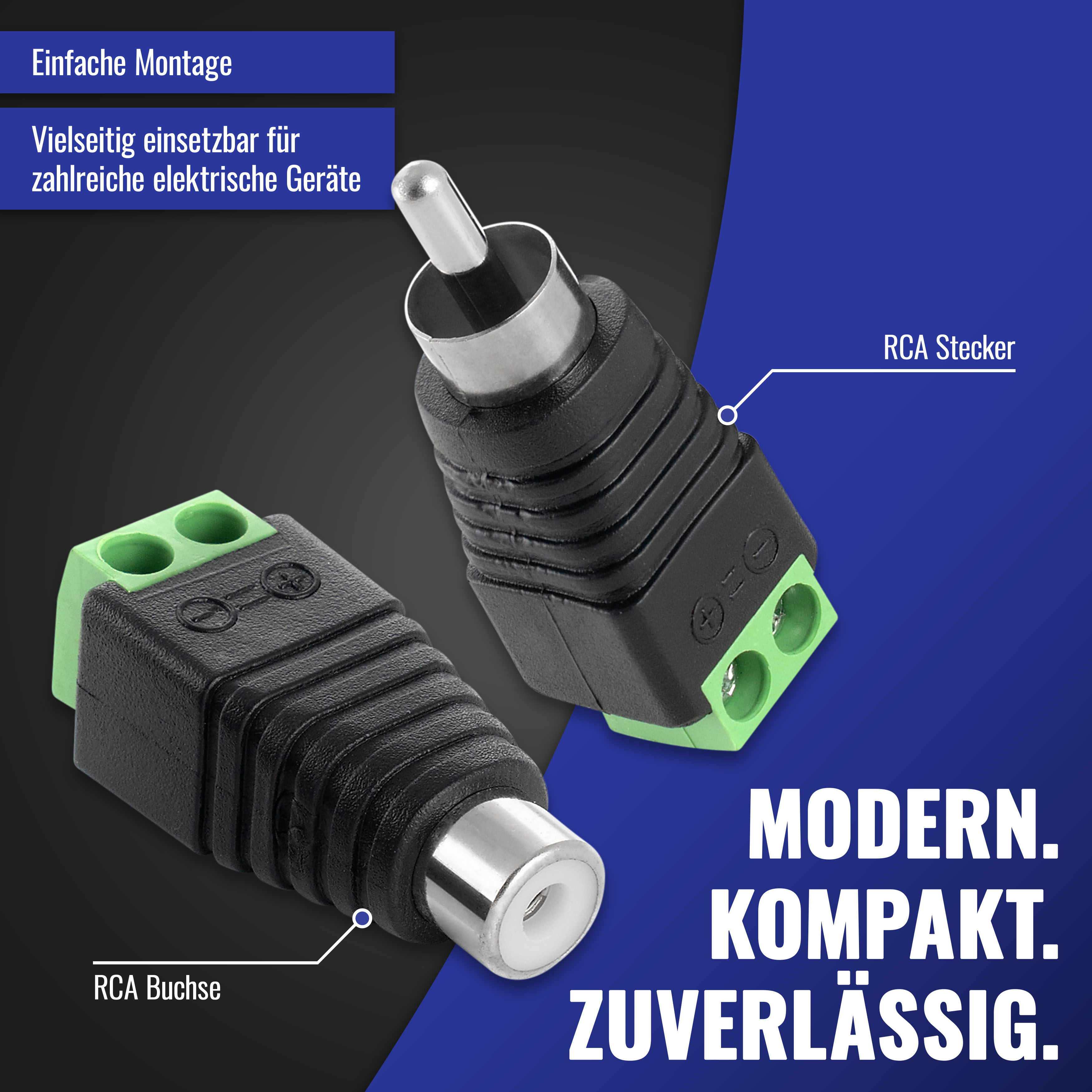 RCA Adapter (5 Buchsen/5 Stecker) auf 2-pin Terminalblock, 10 Stk