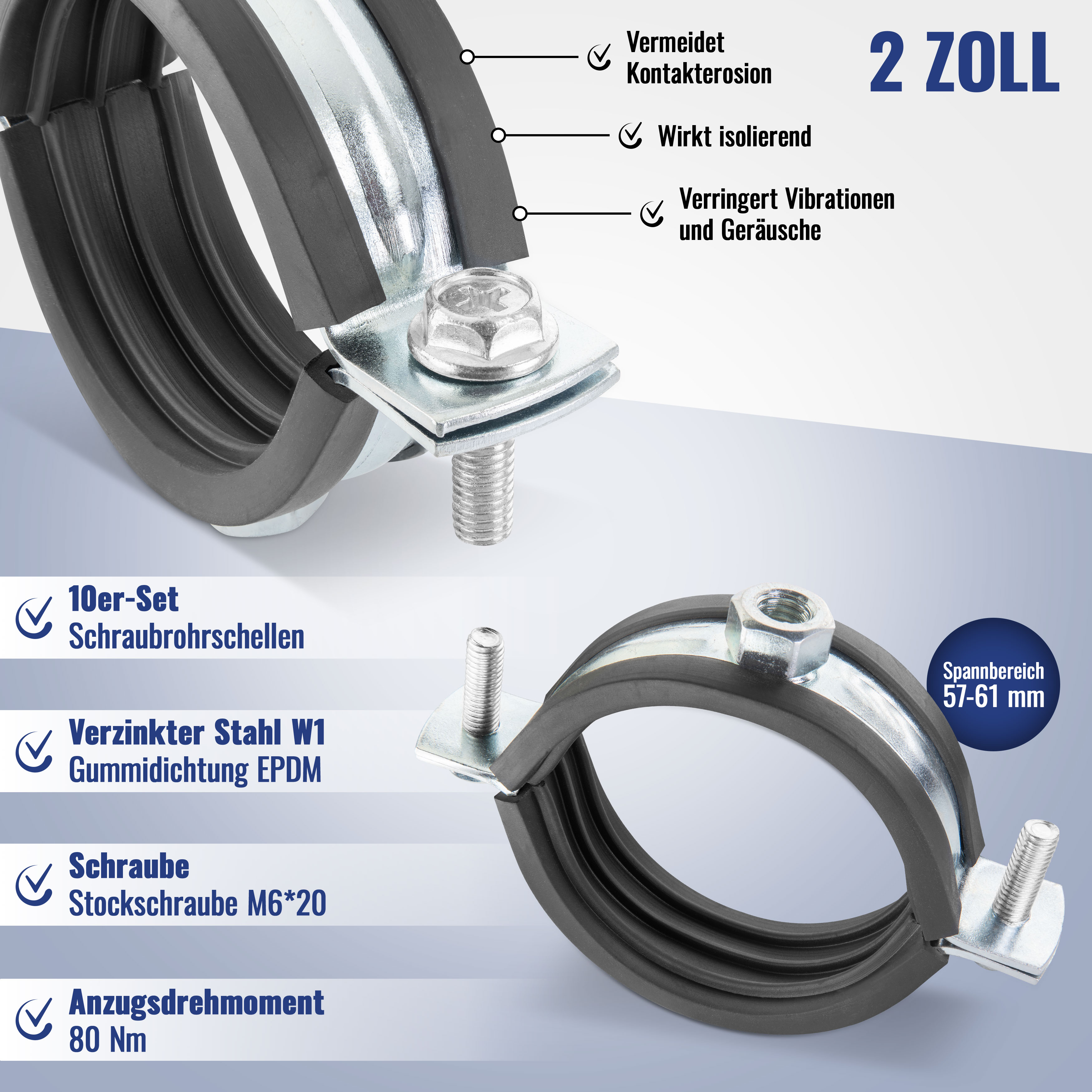 10 Schraubrohrschellen W1 (57-61 mm, Stockschrauben und Dübeln)