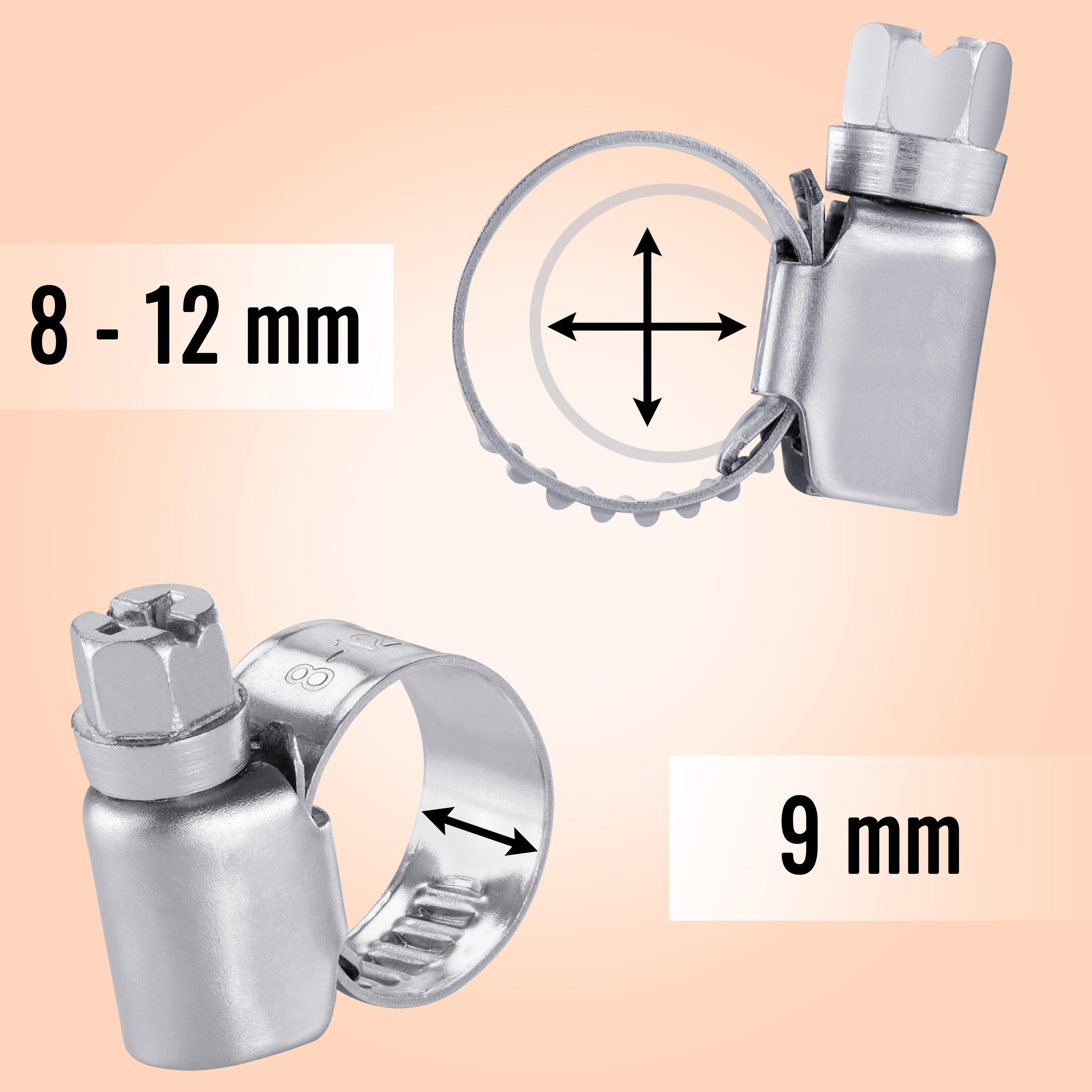Edelstahl Schlauchschellen 8-12mm, Bandbreite 9mm (12 Stück)
