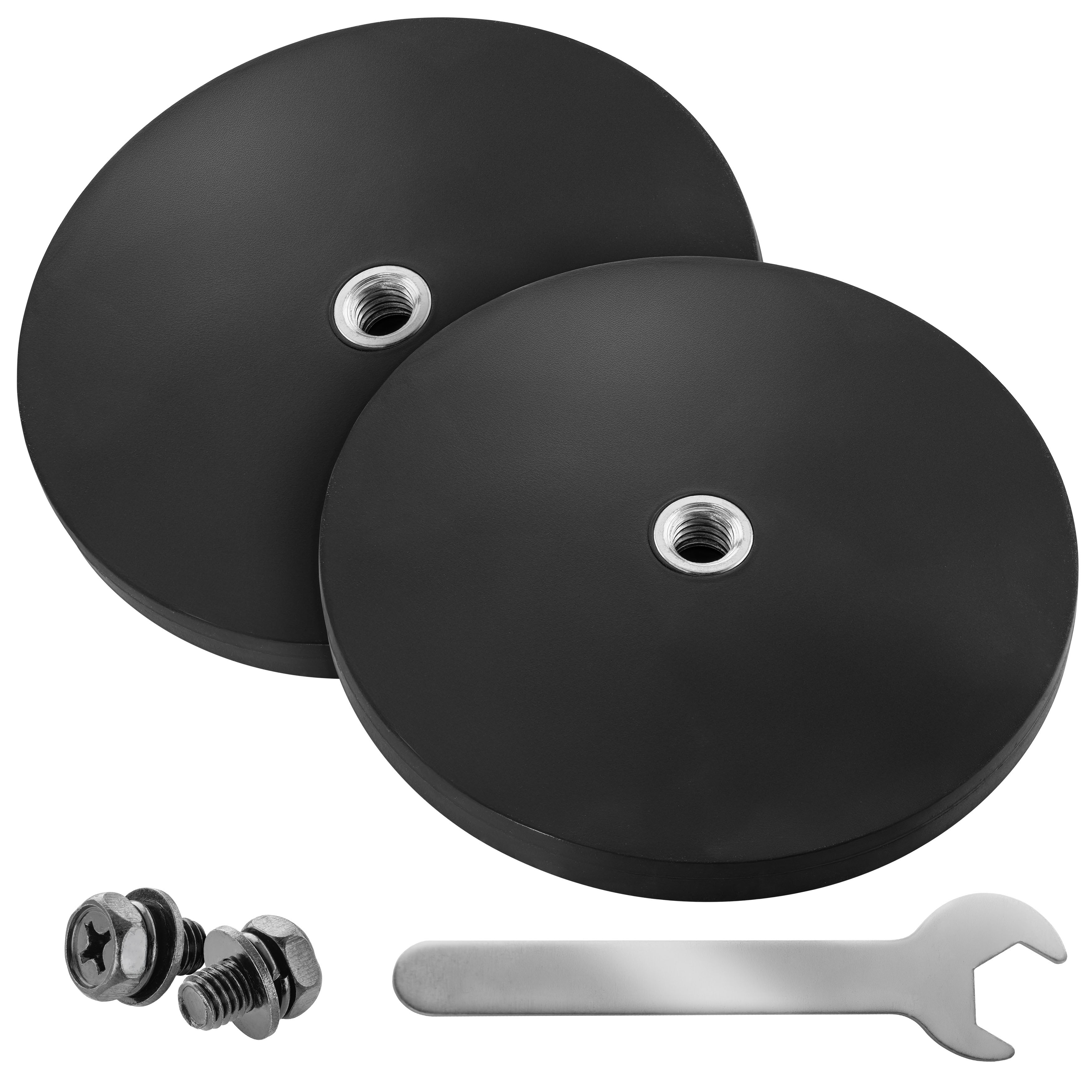 Poppstar 4x Magnet mit Gewinde, gummiert, Neodym, Durchmesser 43 mm, mit Innengewinde M4, 8 kg Haftkraft, mit Schraubenschlüssel und 4 Schrauben Poppstar 4x Magnet mit Gewinde, gummiert, Neodym, Durchmesser 43 mm, mit Innengewinde M4, 8 kg Haftkraft, mit Schraubenschlüssel und 4 Schrauben