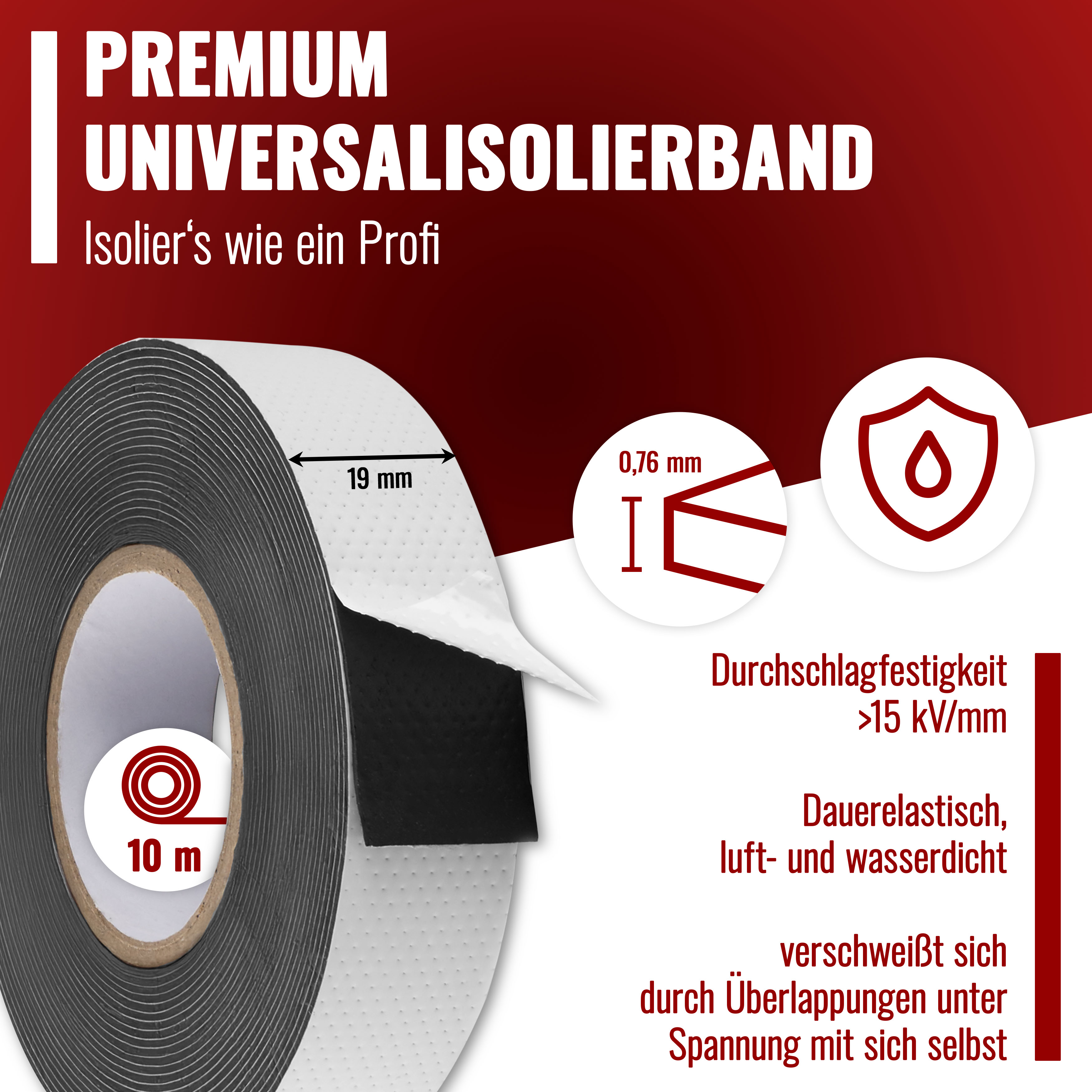 Isolierband selbstverschweißend, 69kV, 10m*19mm*0,76mm, schwarz