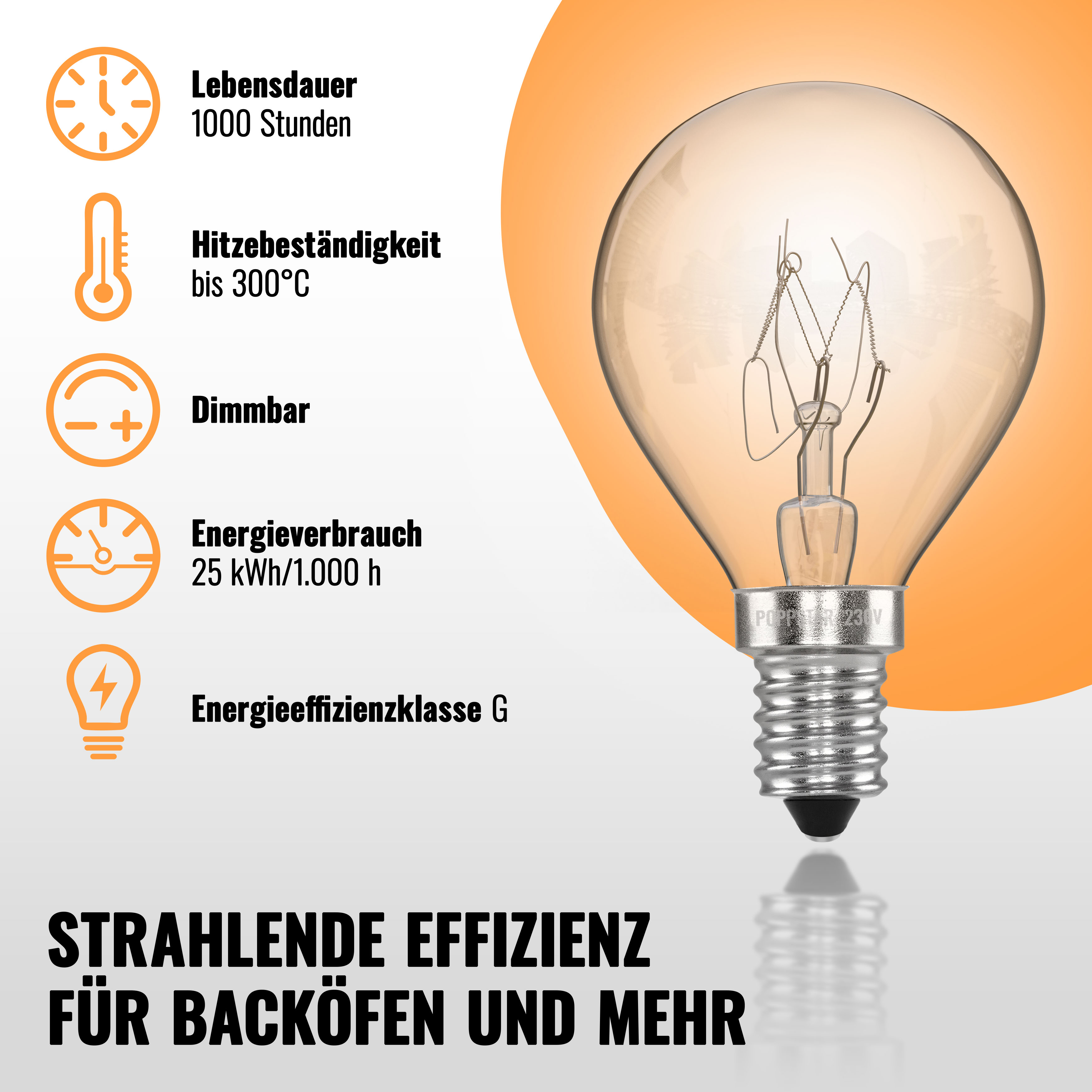 4x Backofenlampe E14 25 Watt G45 bis 300 °C (2400K warmweiß)