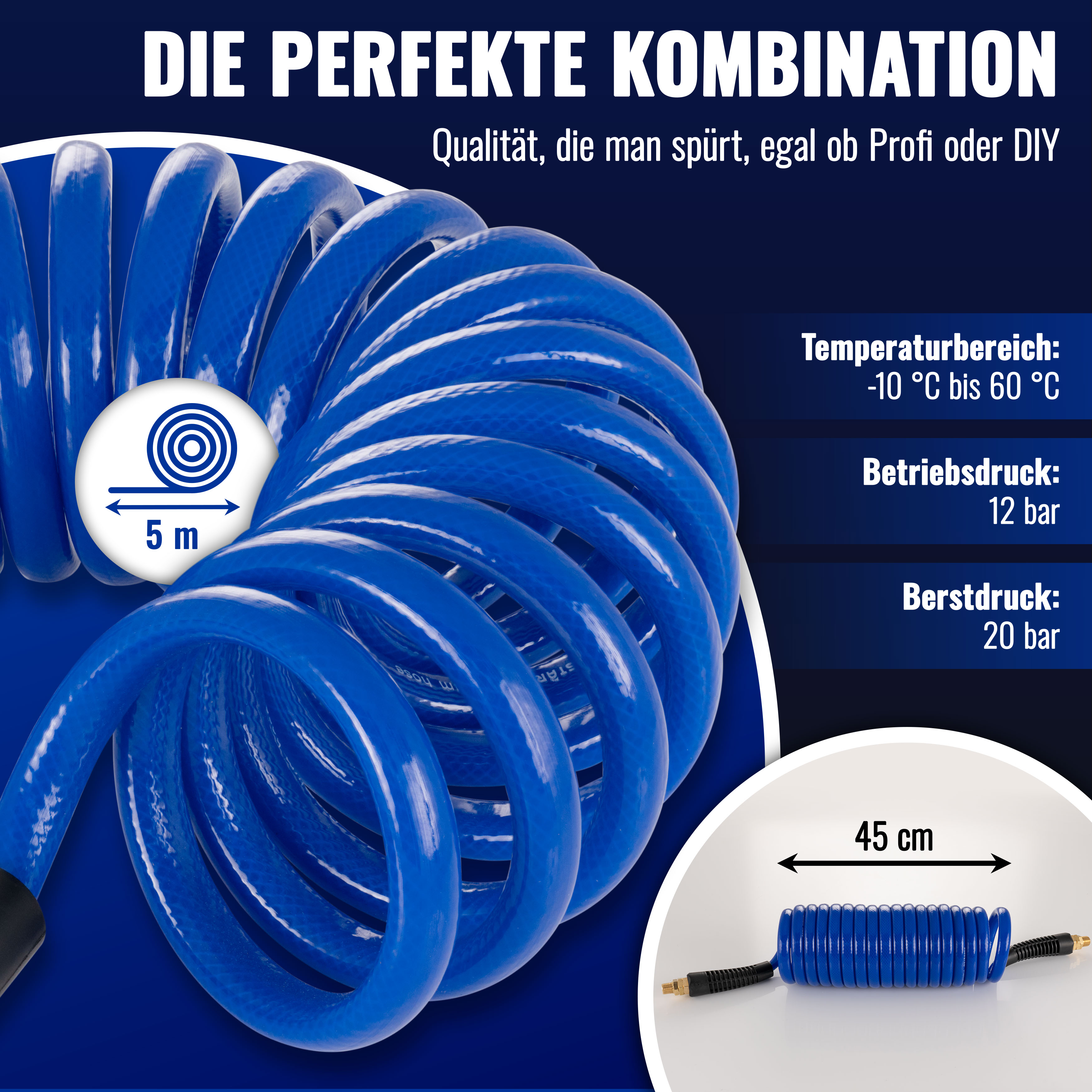 Spiralschlauch Druckluft 5 m Ø8x12 mm 1/4" Drehgelenk-Anschluss