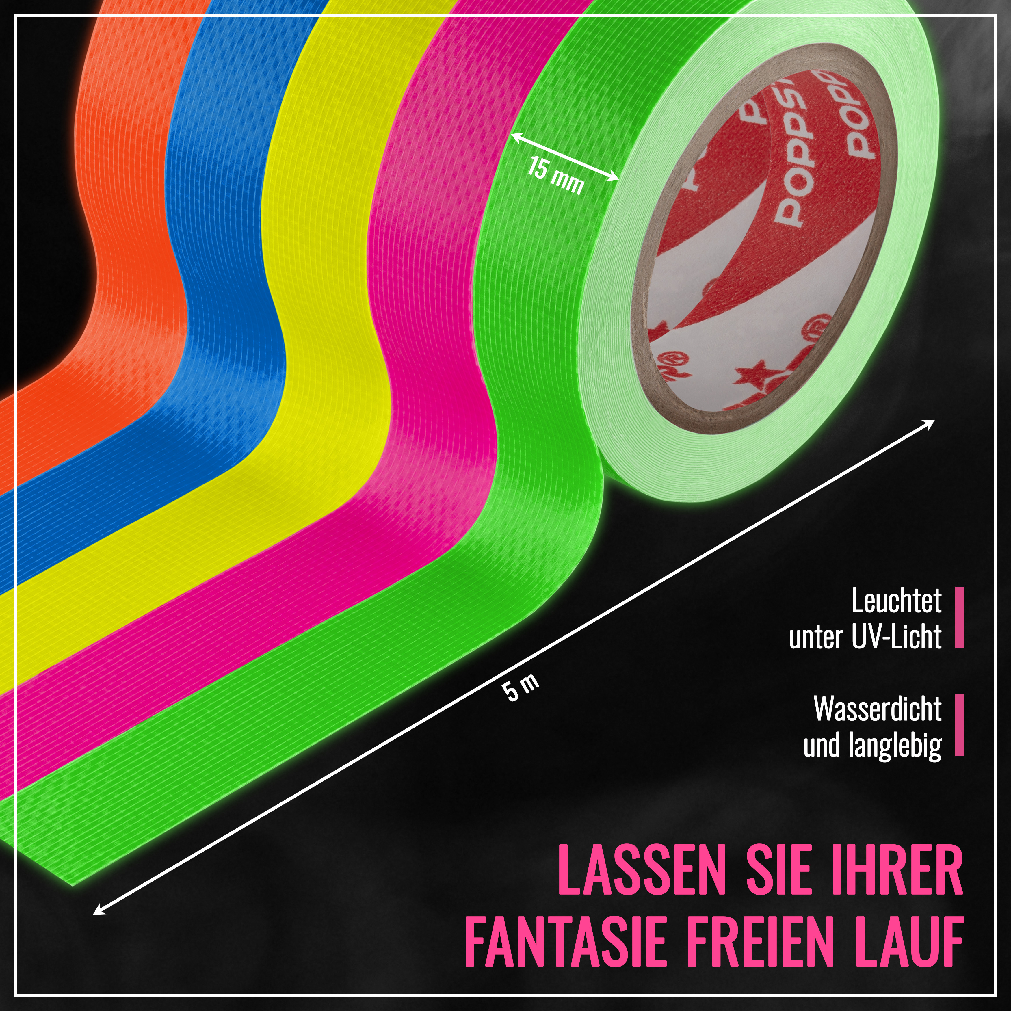 Poppstar 5x Neon Klebeband 15mm x 5m gelb grün rot blau rosa