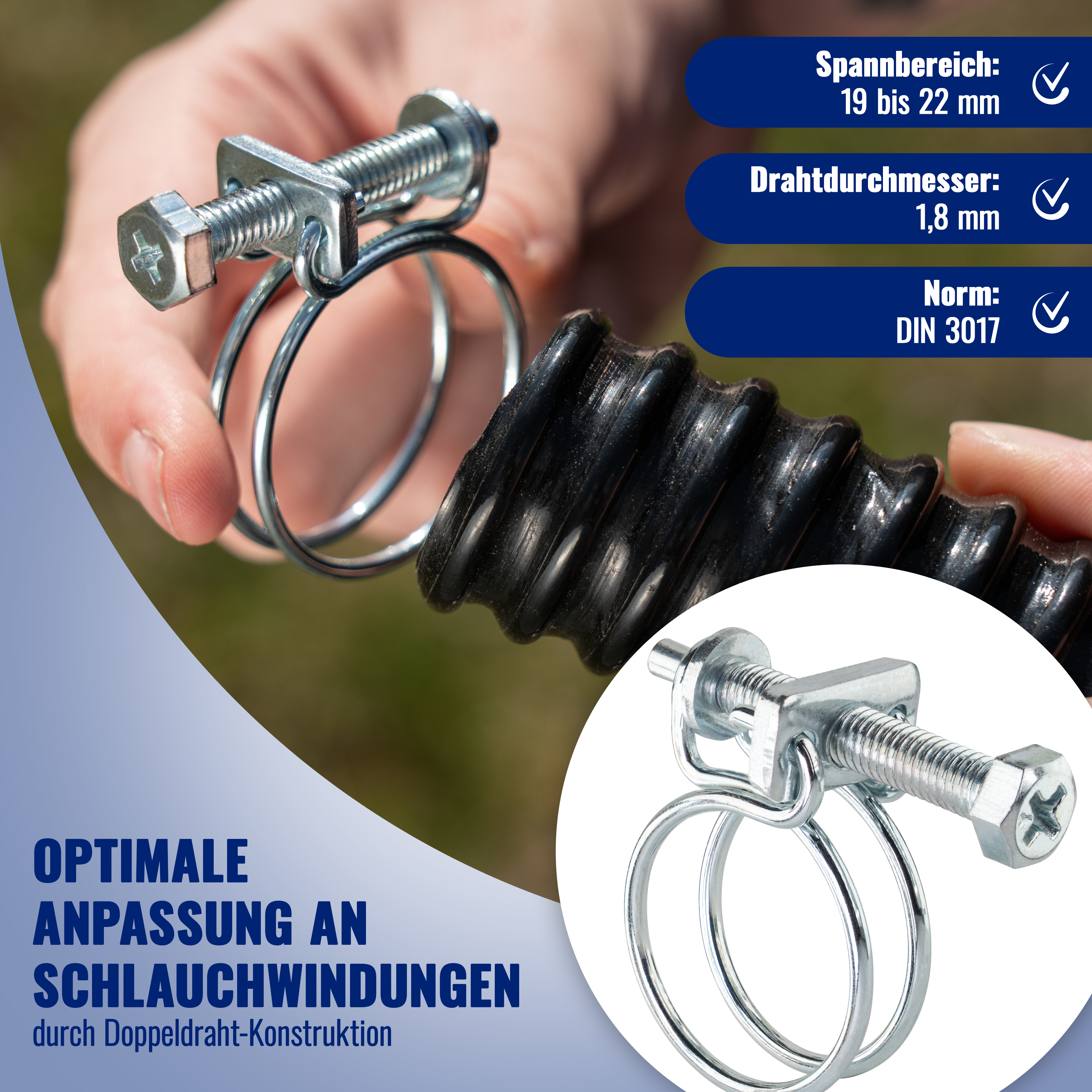 5x Doppeldraht Schlauchschellen W1 Spannbereich-Ø 19-22mm