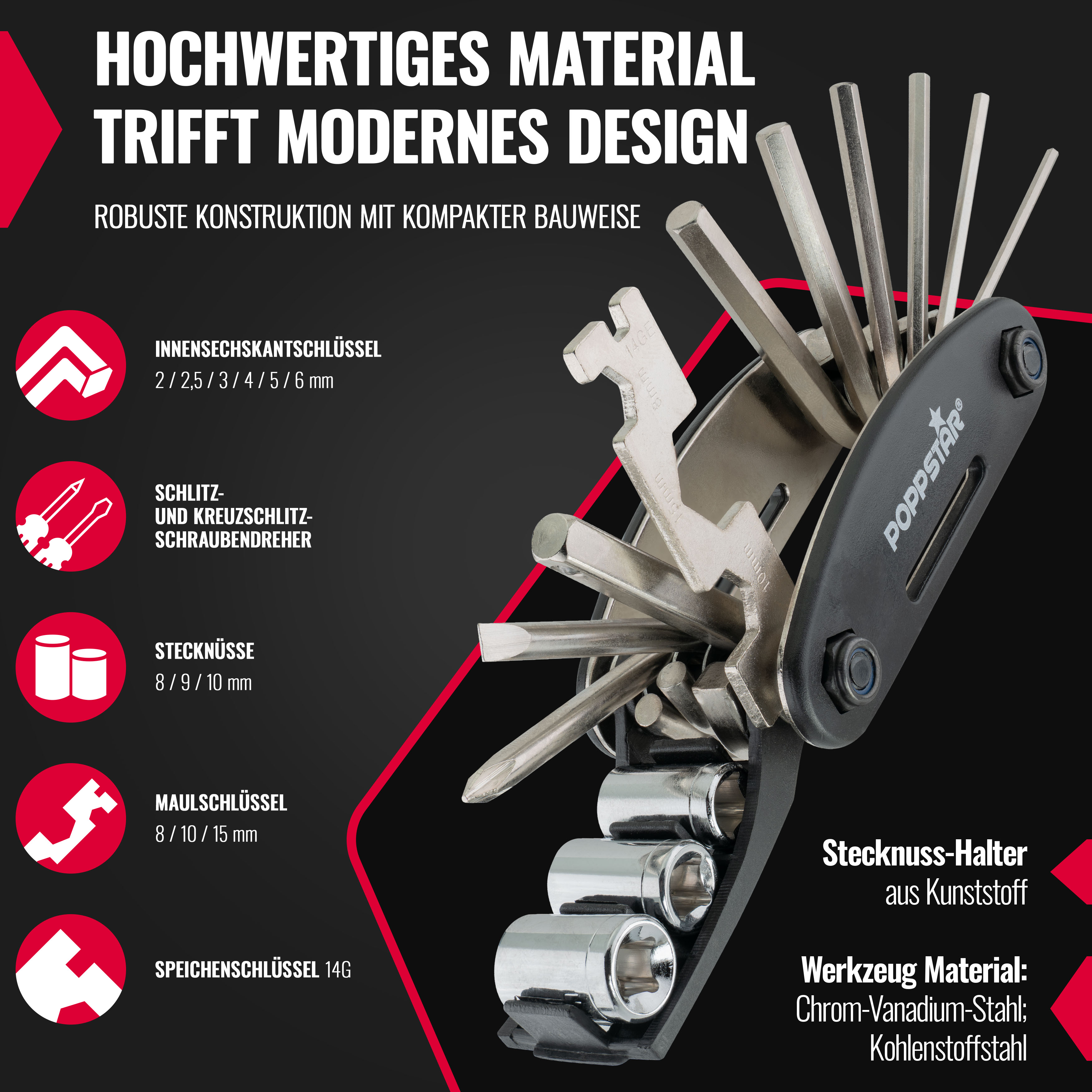 Fahrrad Multitool faltbar 16-in-1 Cr-V-Stahl