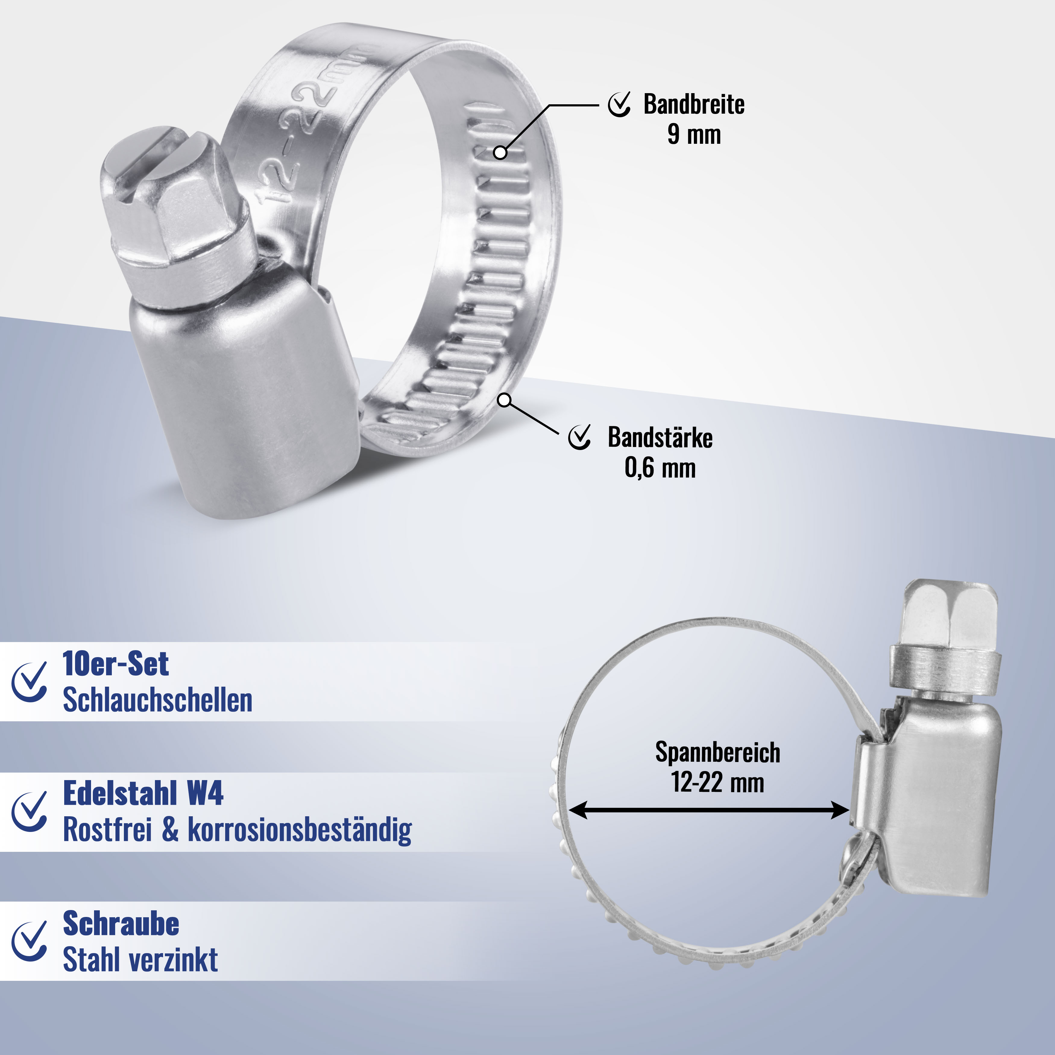W4 Edelstahl Schlauchschellen 12-22 mm Bandbreite 9mm (10 St.)