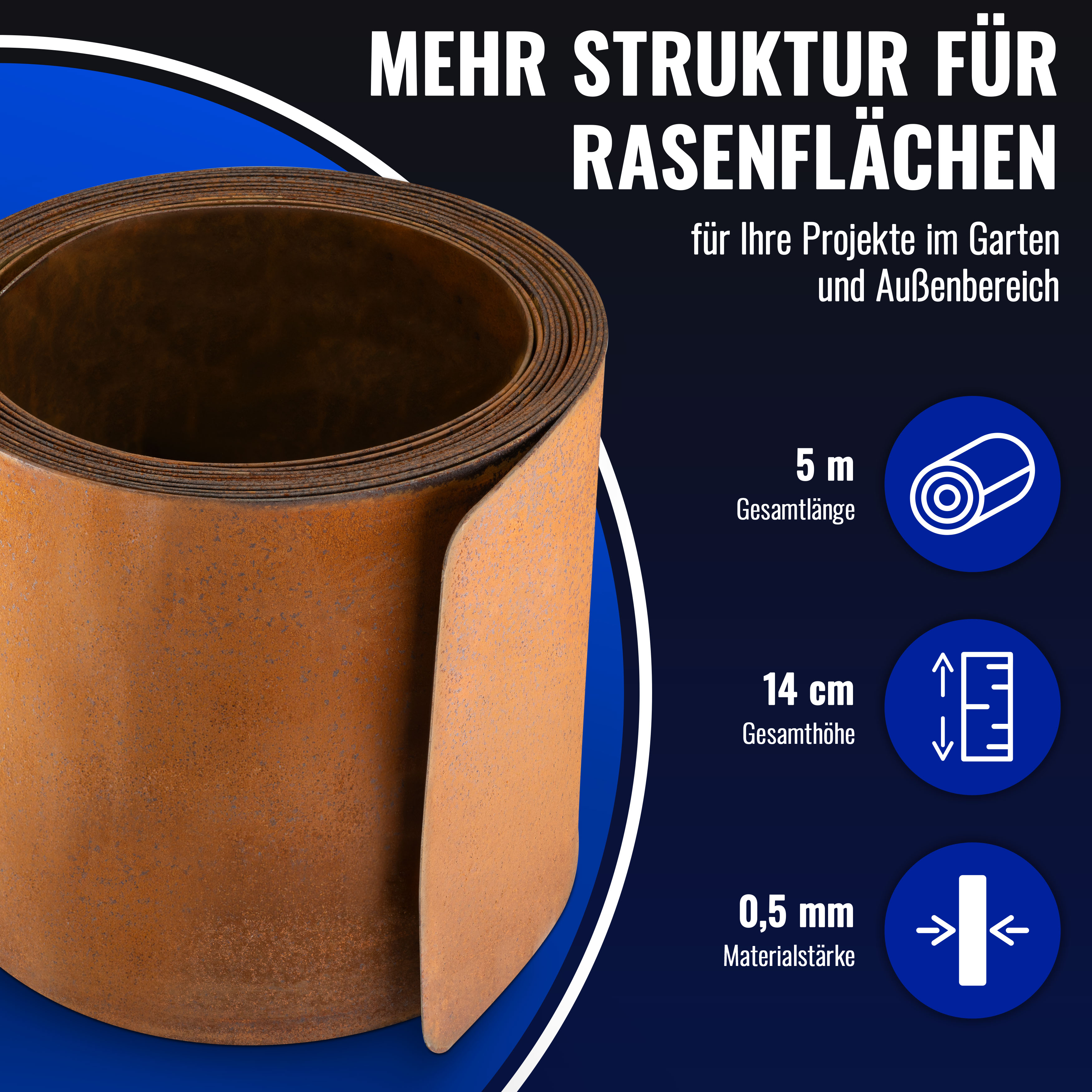 Rasenkante Cortenstahl 5m*14 cm*0,5 mm, 1 Rolle