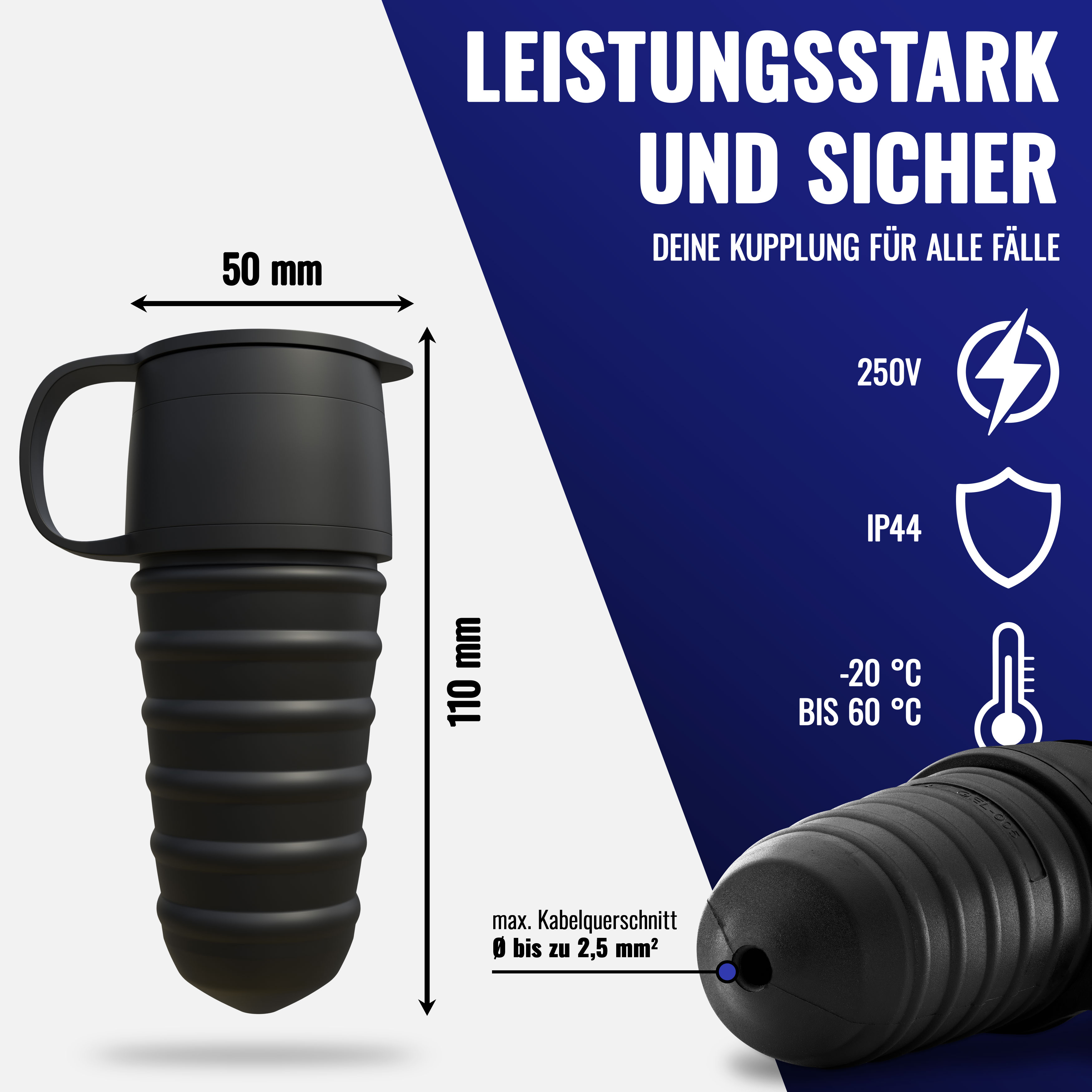 1x Gummi Kupplung mit Schutzkappe, (2-polig,230V,16A,IP44)