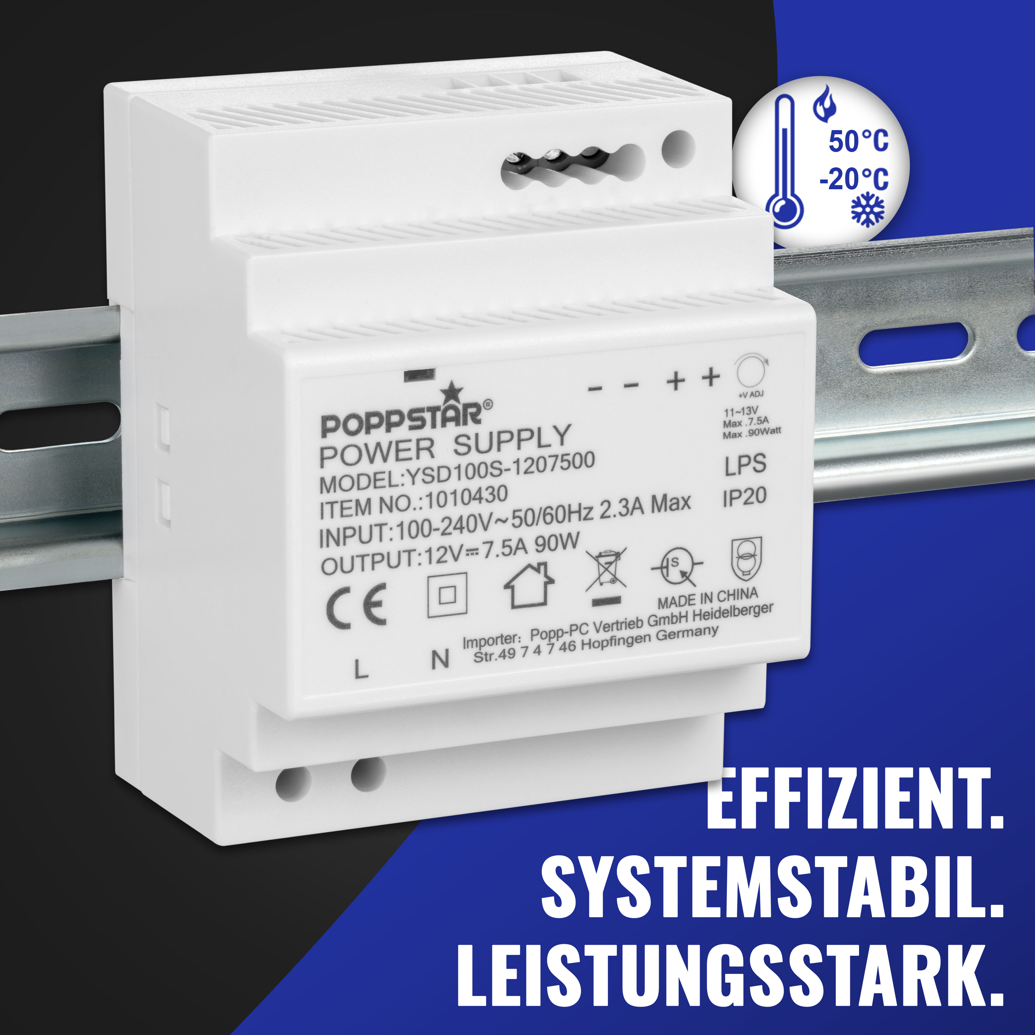 Netzteil für Hutschiene 12V DC 7,5A 90W (Input 100-240V AC)