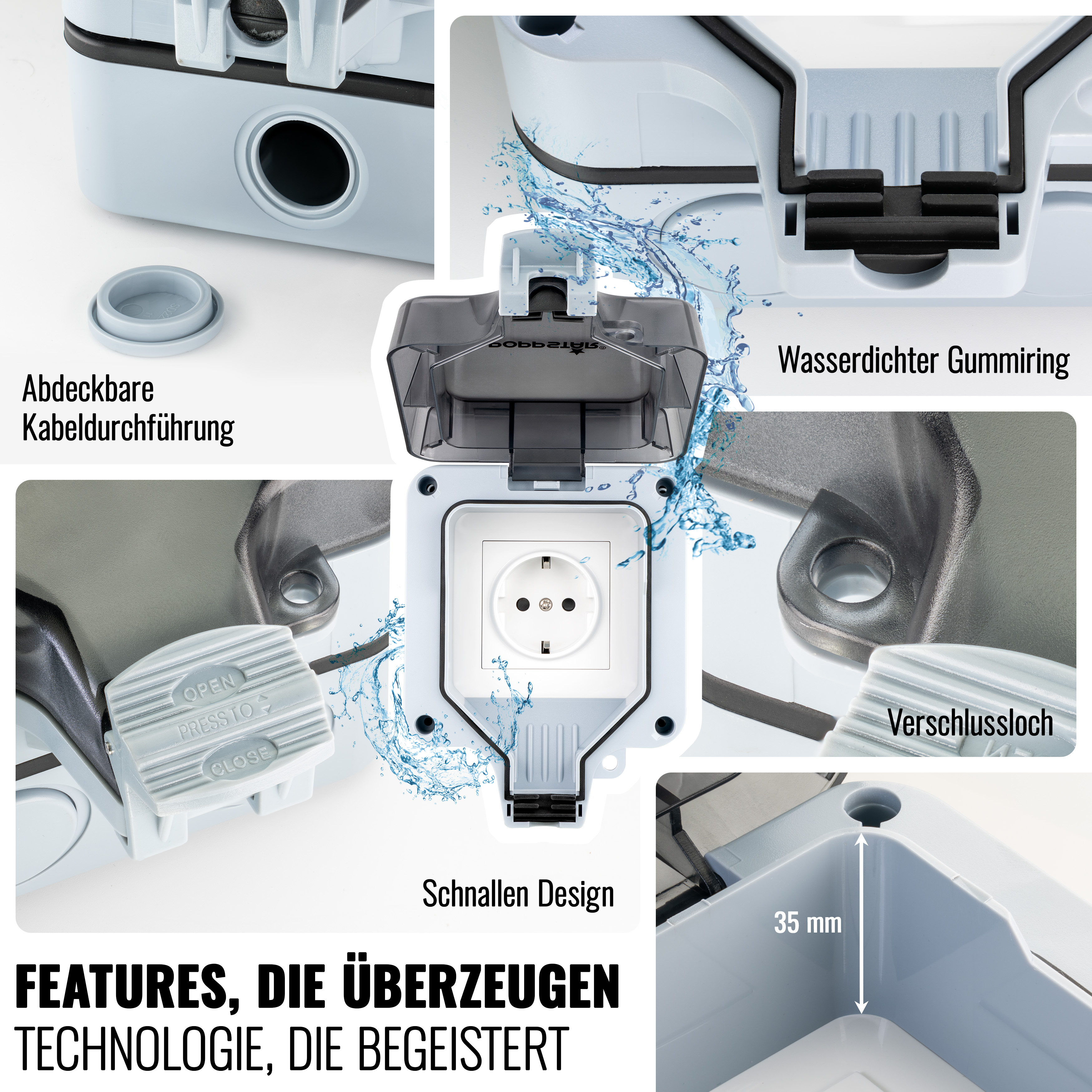 Wasserdichte Außensteckdose, 1-fach, IP66, abschließbar