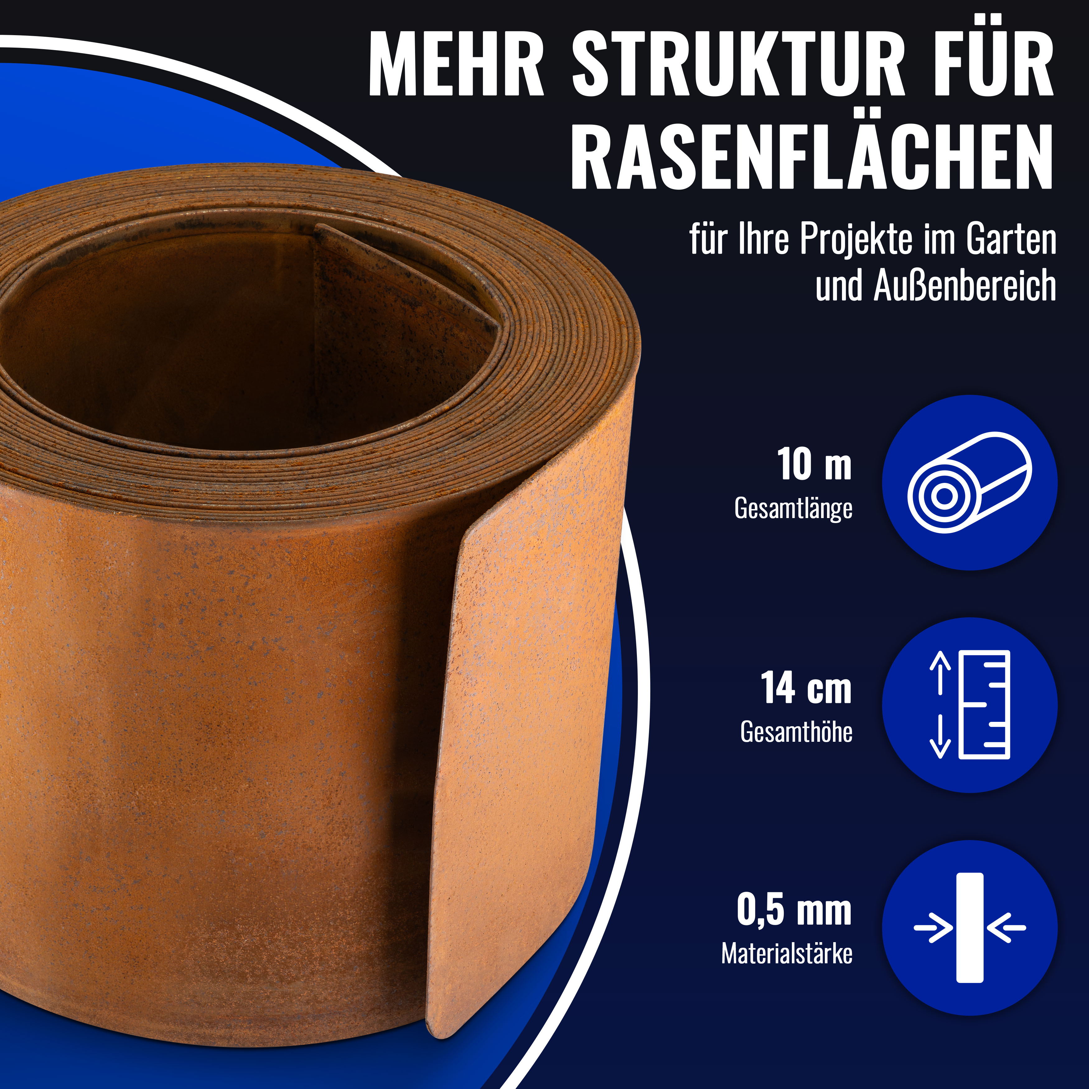 Rasenkante Cortenstahl 10m*14 cm*0,5 mm, 1 Rolle
