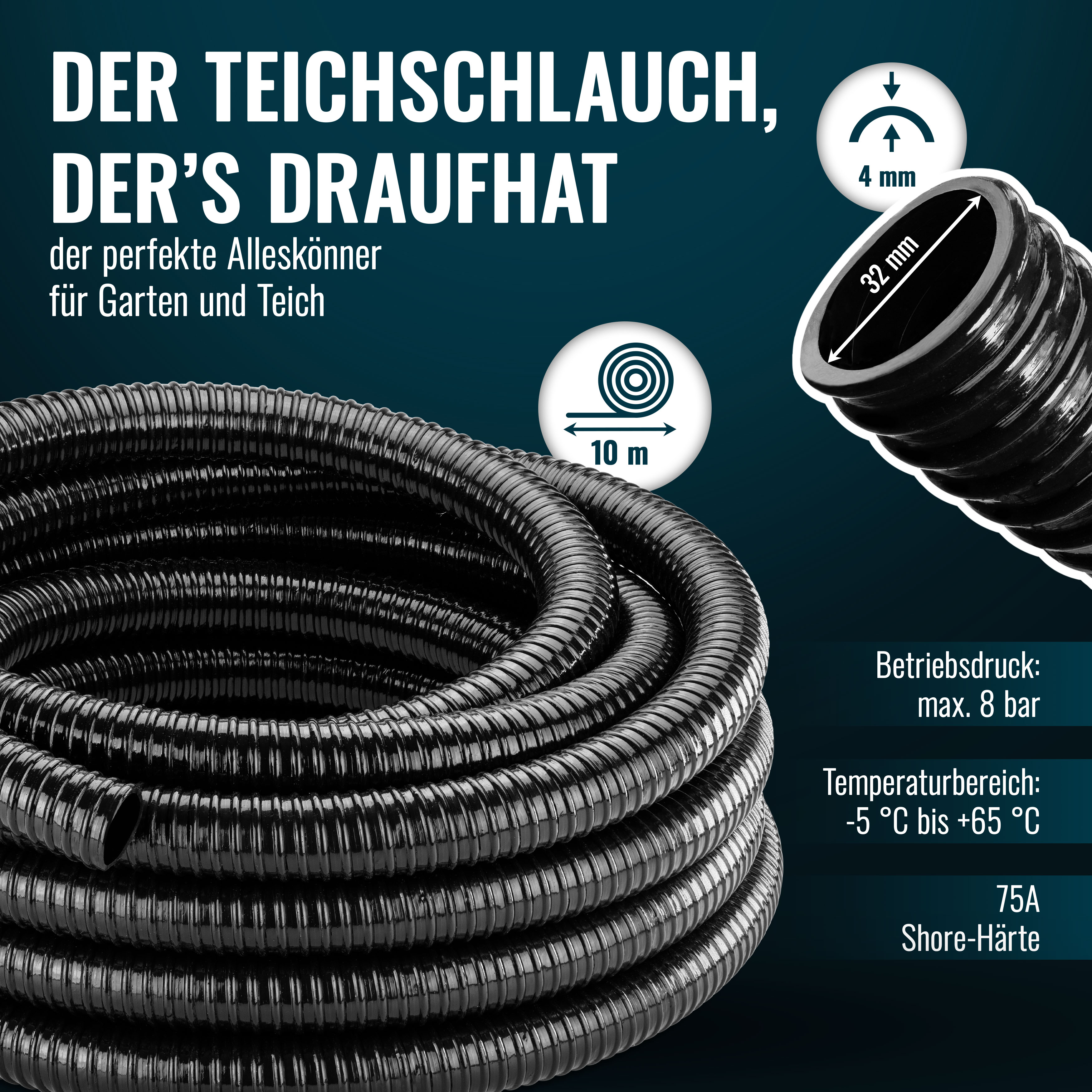 Teichschlauch 10m (1 1/4 Zoll (ID32/AD40mm), schwarz