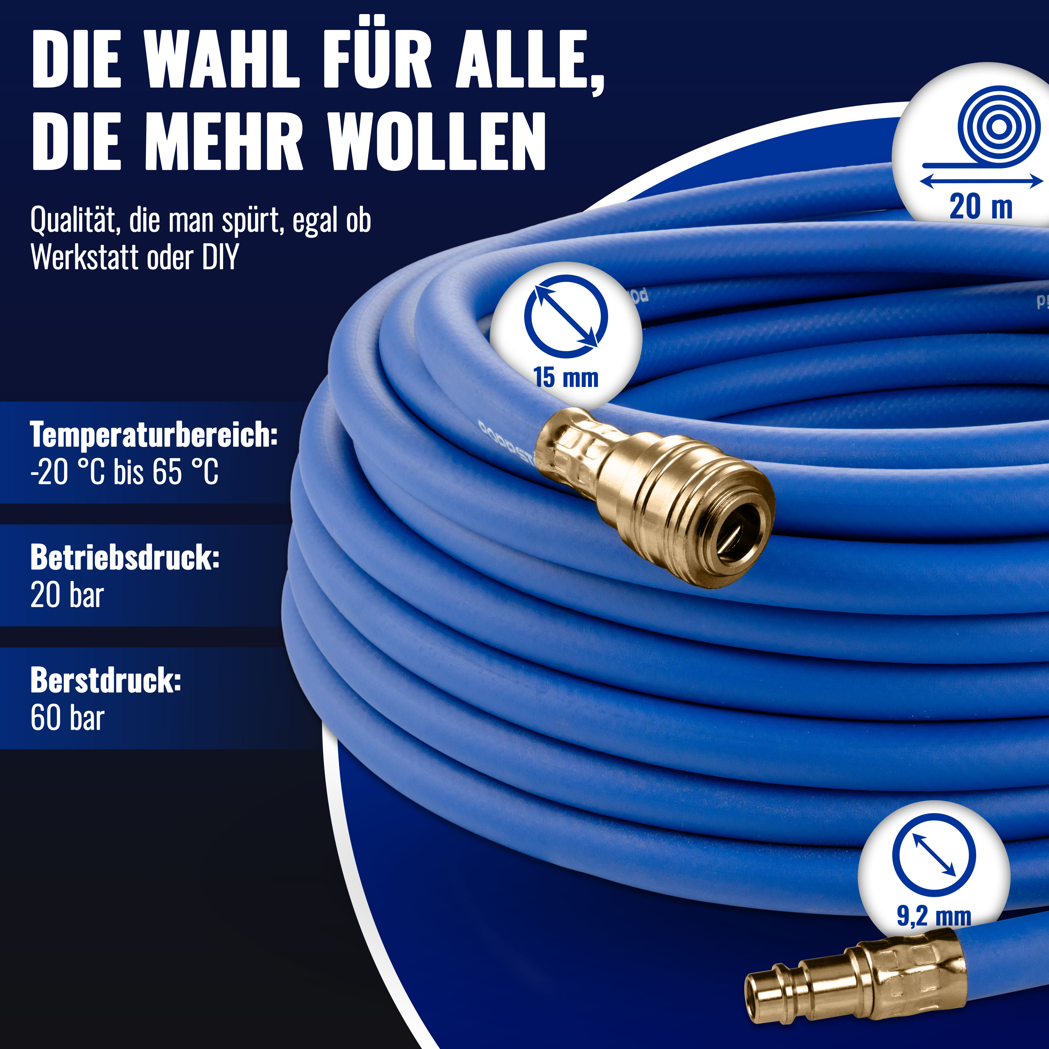 Druckluftschlauch 20m (Messing, NW 7,2, ID 9,2mm, 20 bar)