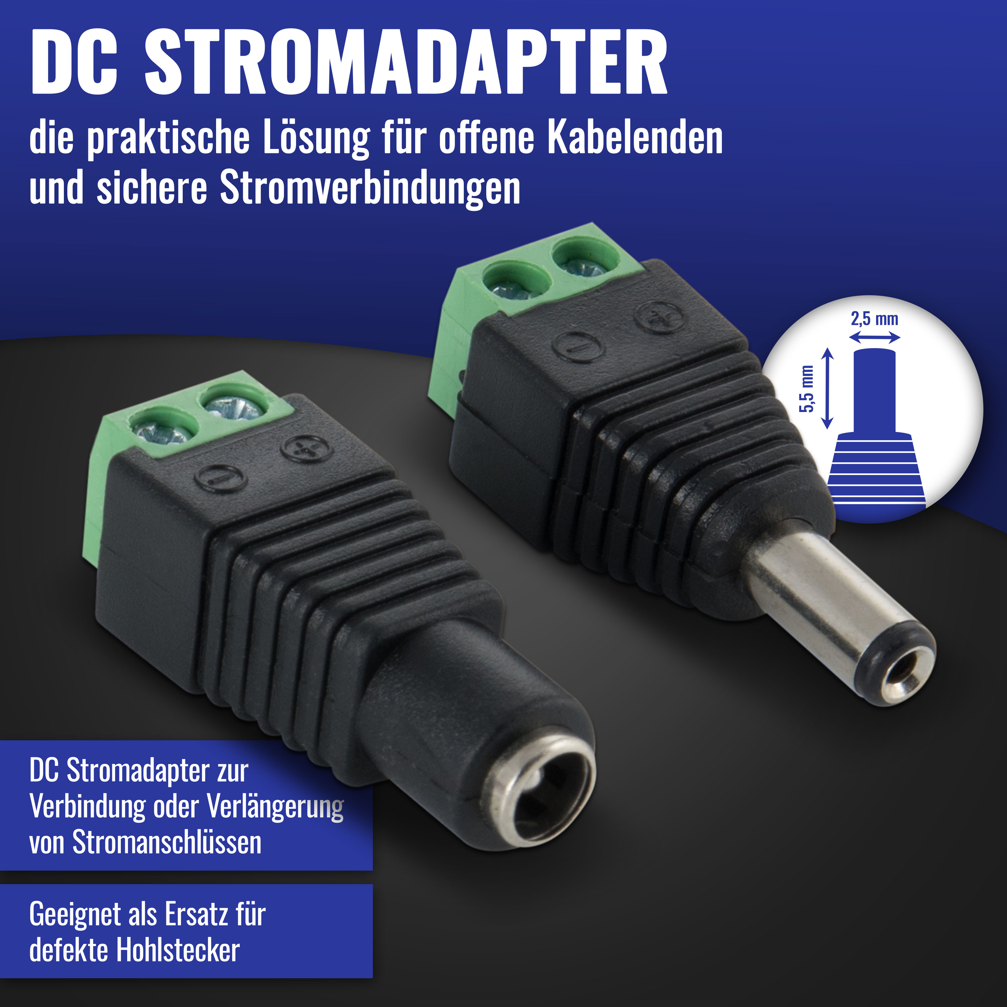 DC Stromadapter je 5x Stecker / Buchse auf 2-Pol Terminal block