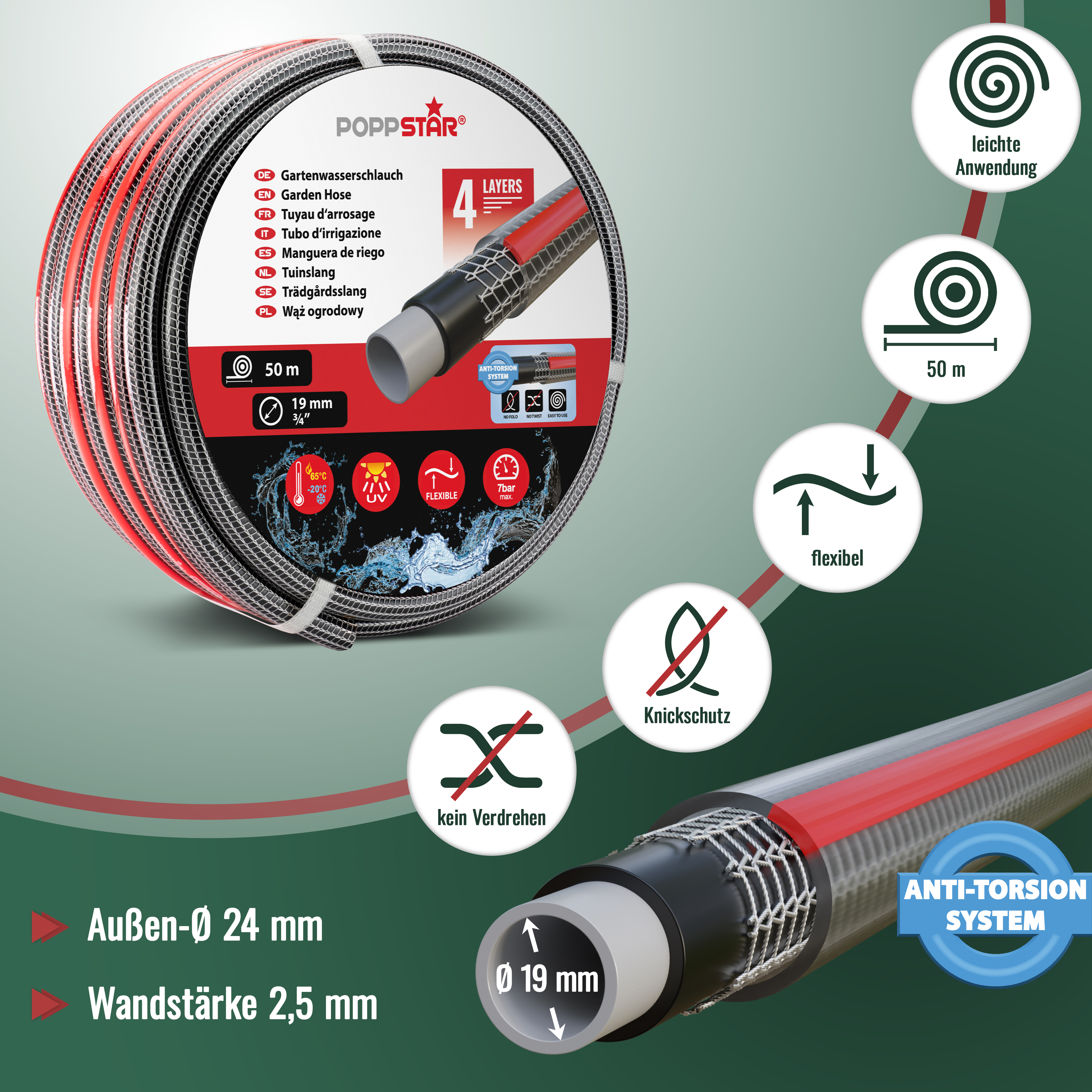 PVC Gartenschlauch 50m, 19mm/24mm (3/4 Zoll), 4-lagig, 7 bar