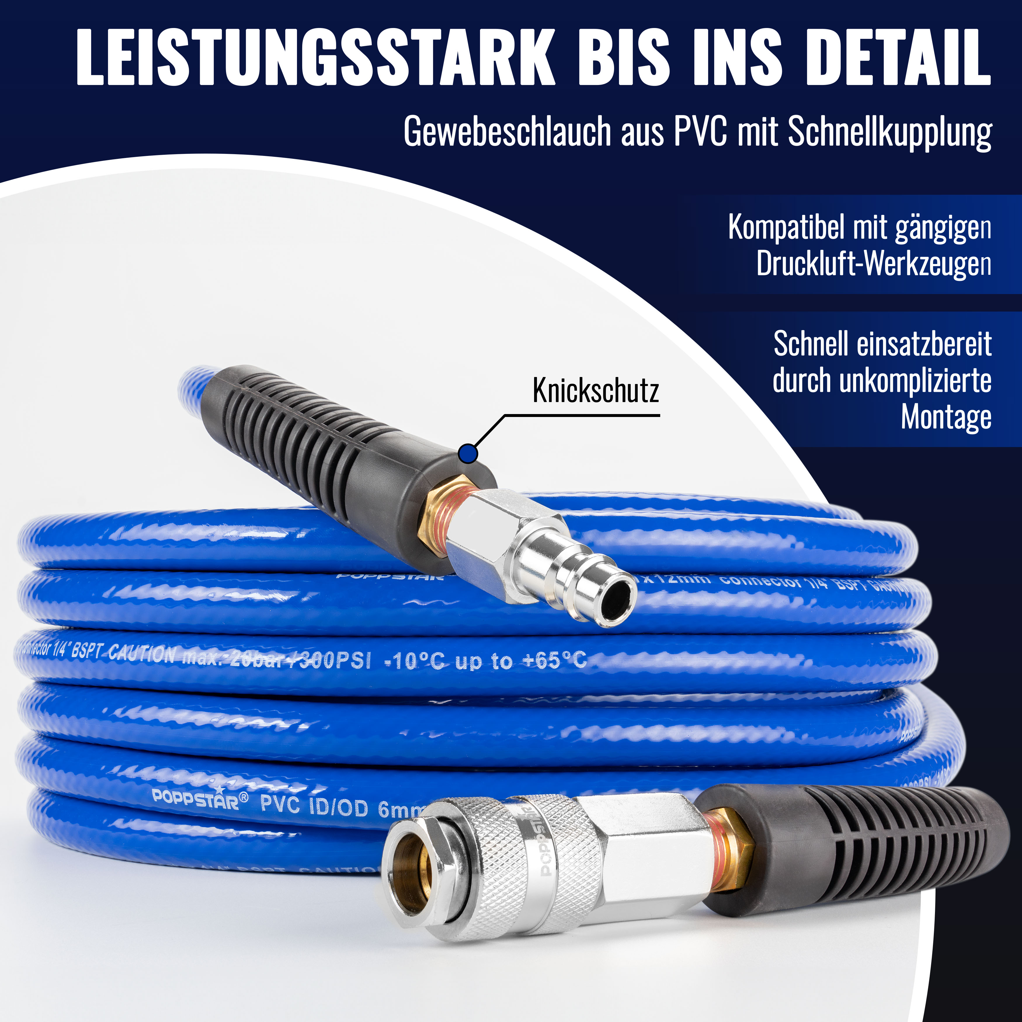 5m PVC Druckluftschlauch mit Schnellkupplung (ID/AD 6/12mm)
