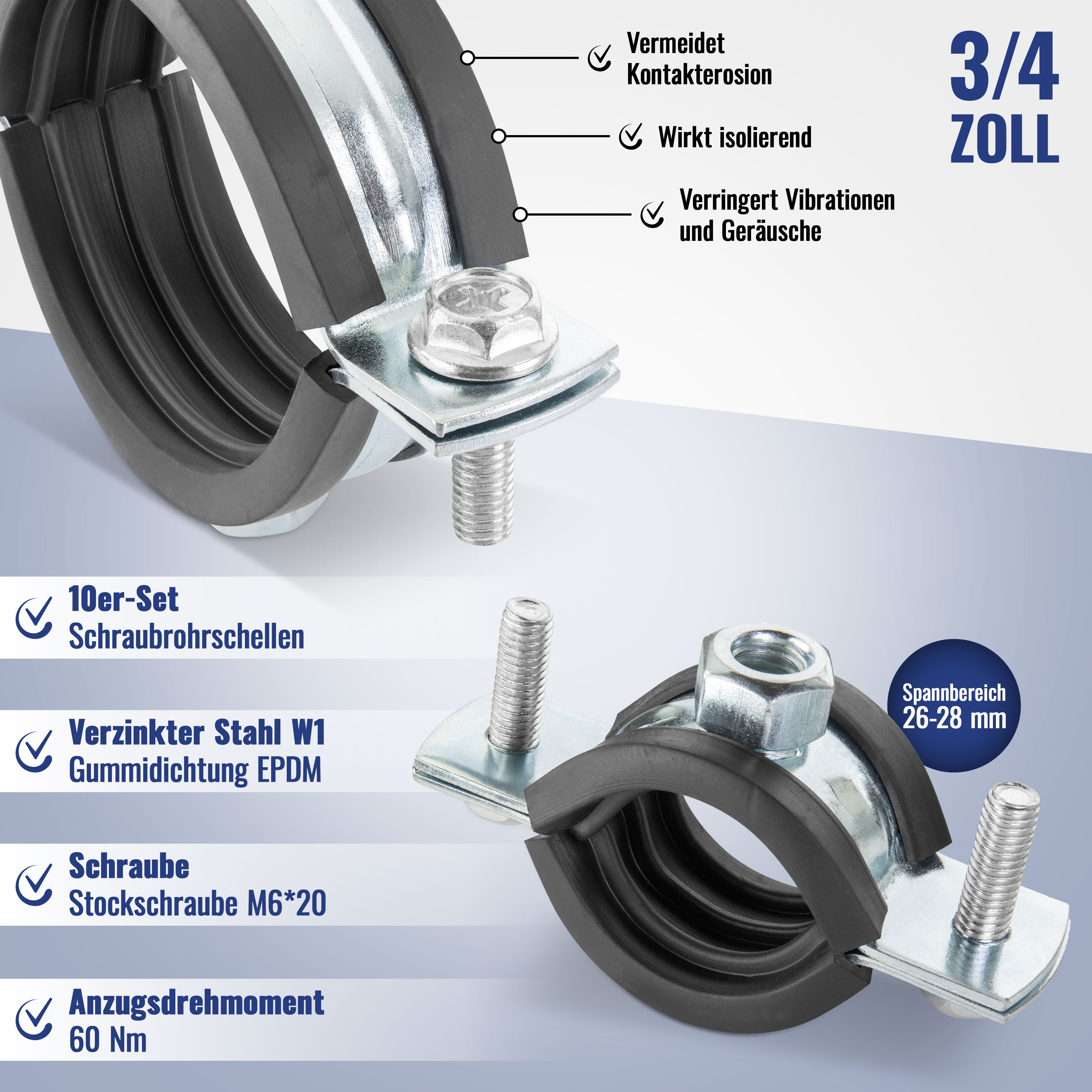 10 Schraubrohrschellen W1 (26-28 mm, Stockschrauben und Dübel)