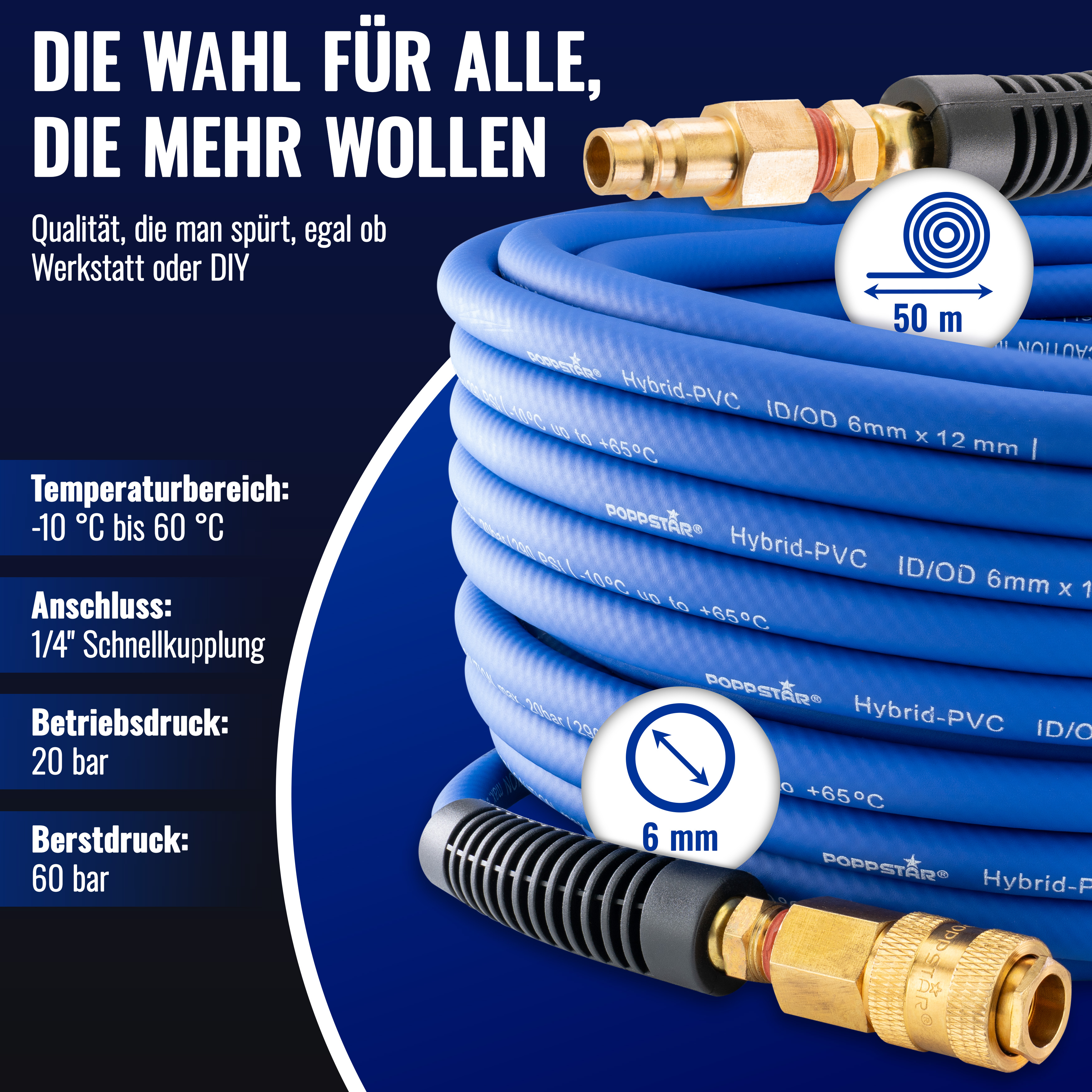 50m PVC Hybrid Druckluftschlauch mit Schnellkupplung 1/4" ID 6mm