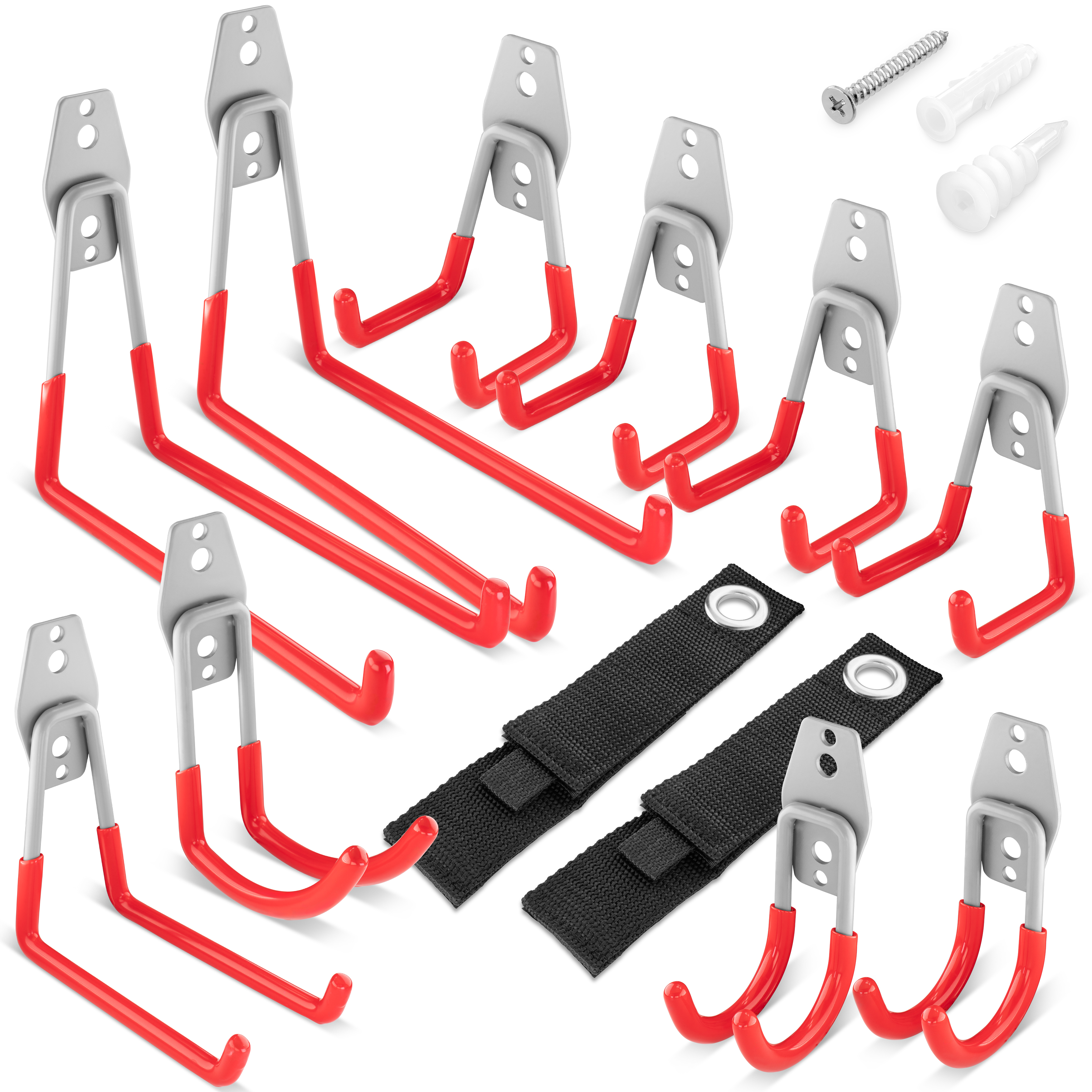 Poppstar 10x Wandhaken Garage,5 Größen 2 Organizer-Gurte, rot