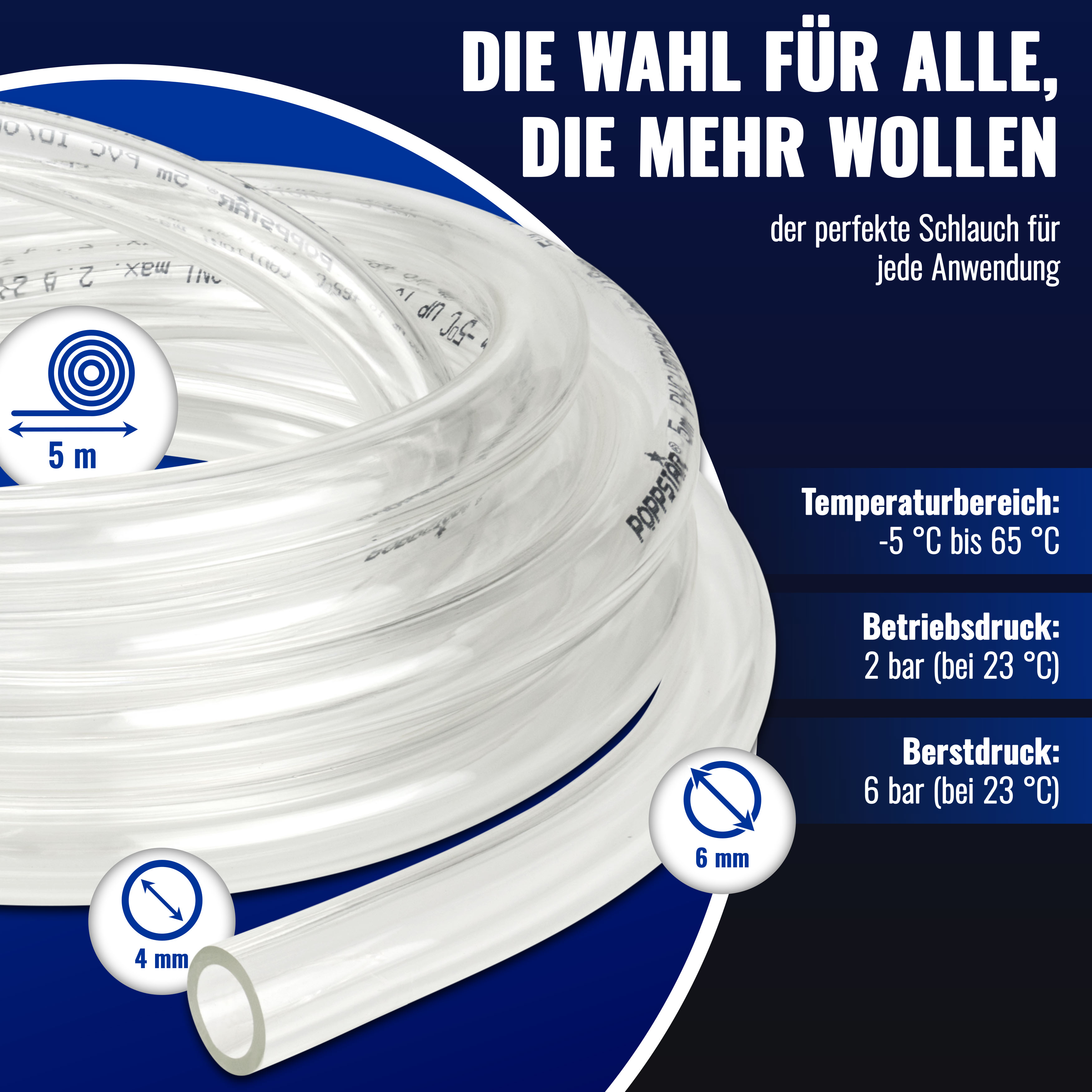 5m PVC Schlauch Transparent (ID/AD 4/6mm, max. 2 bar)