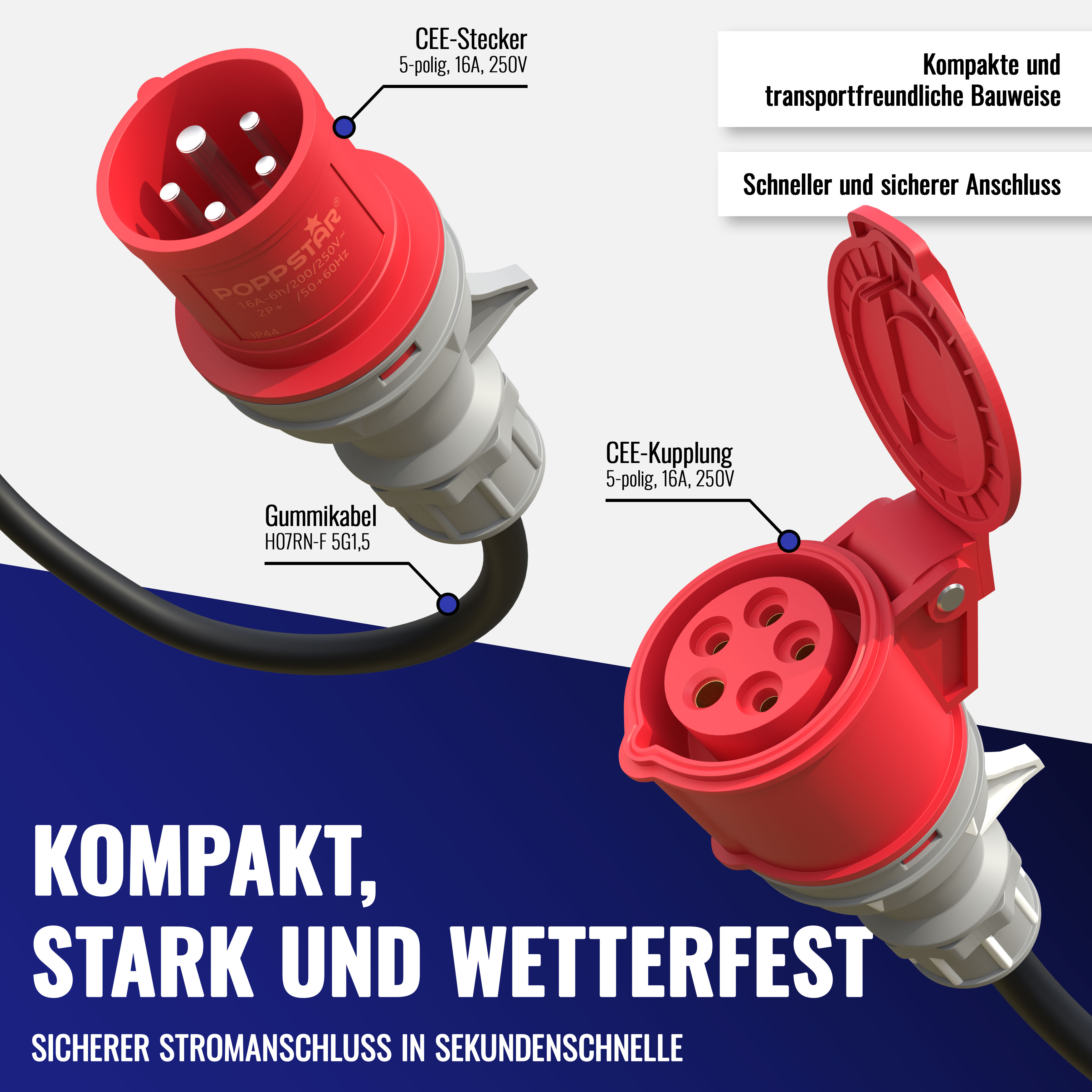 Starkstrom Verlängerungskabel 10m (CEE 16A 5-polig, 400V, IP44)