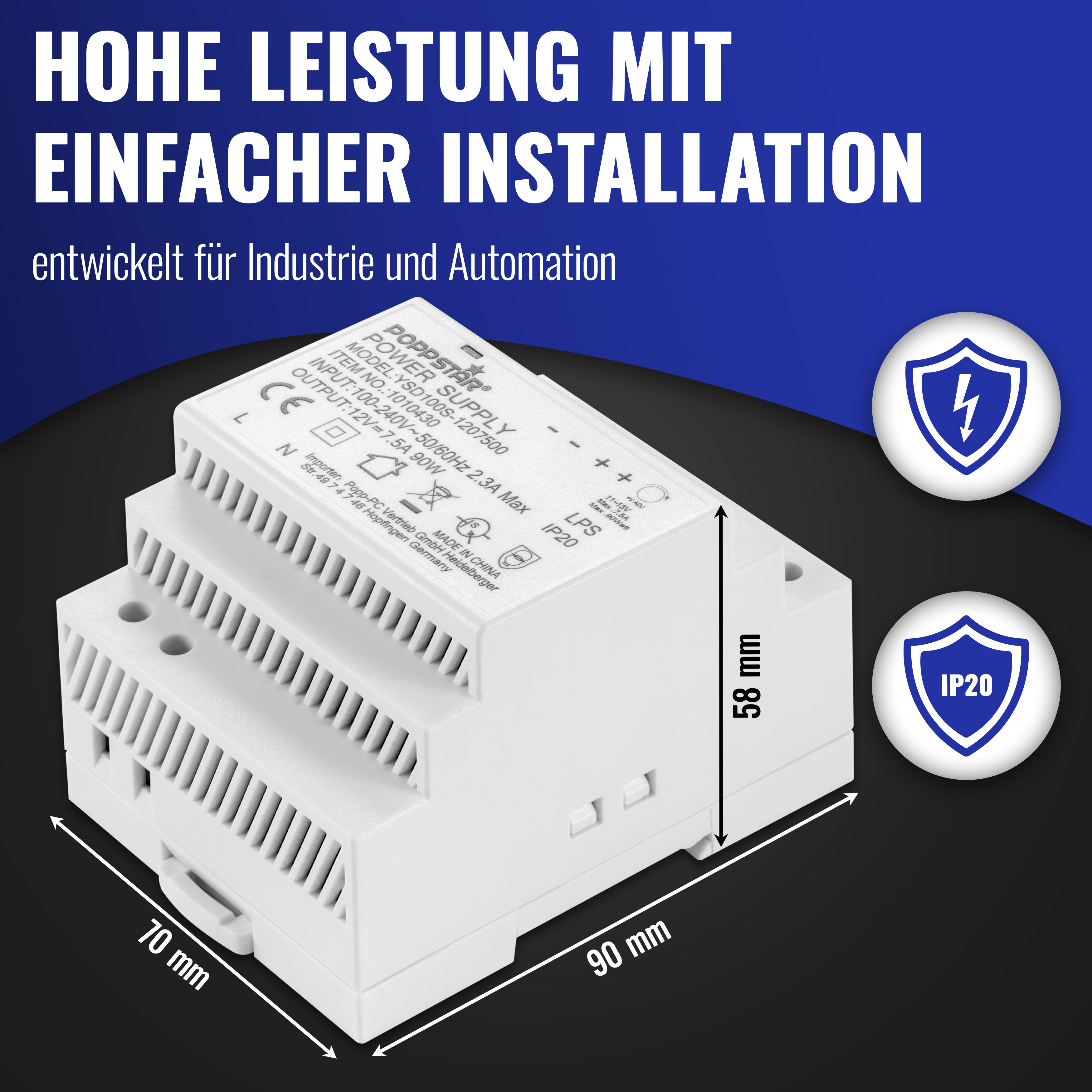 Netzteil für Hutschiene 12V DC 7,5A 90W (Input 100-240V AC)