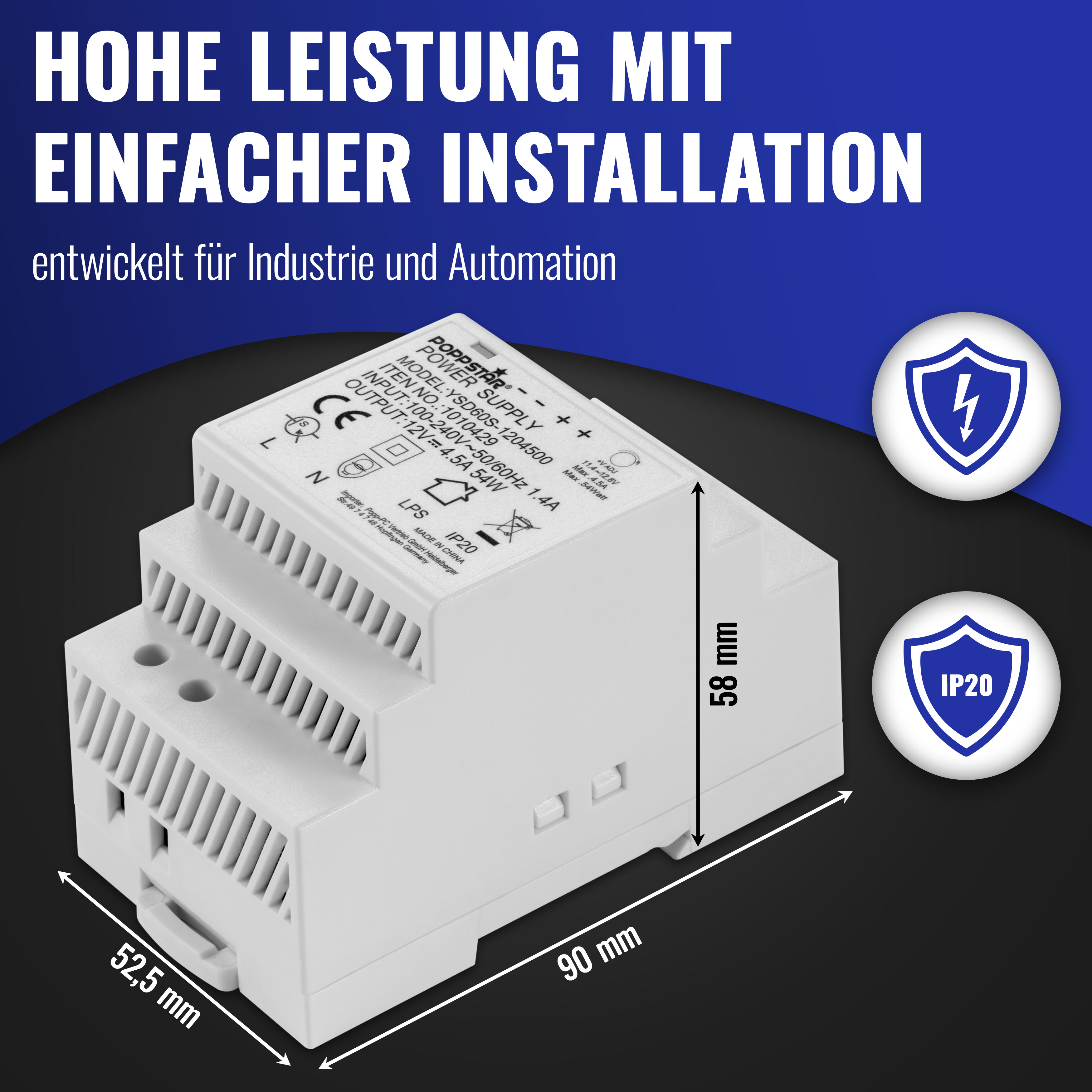 Netzteil für Hutschiene 12V DC 4,5A 54W (Input 100-240V AC)
