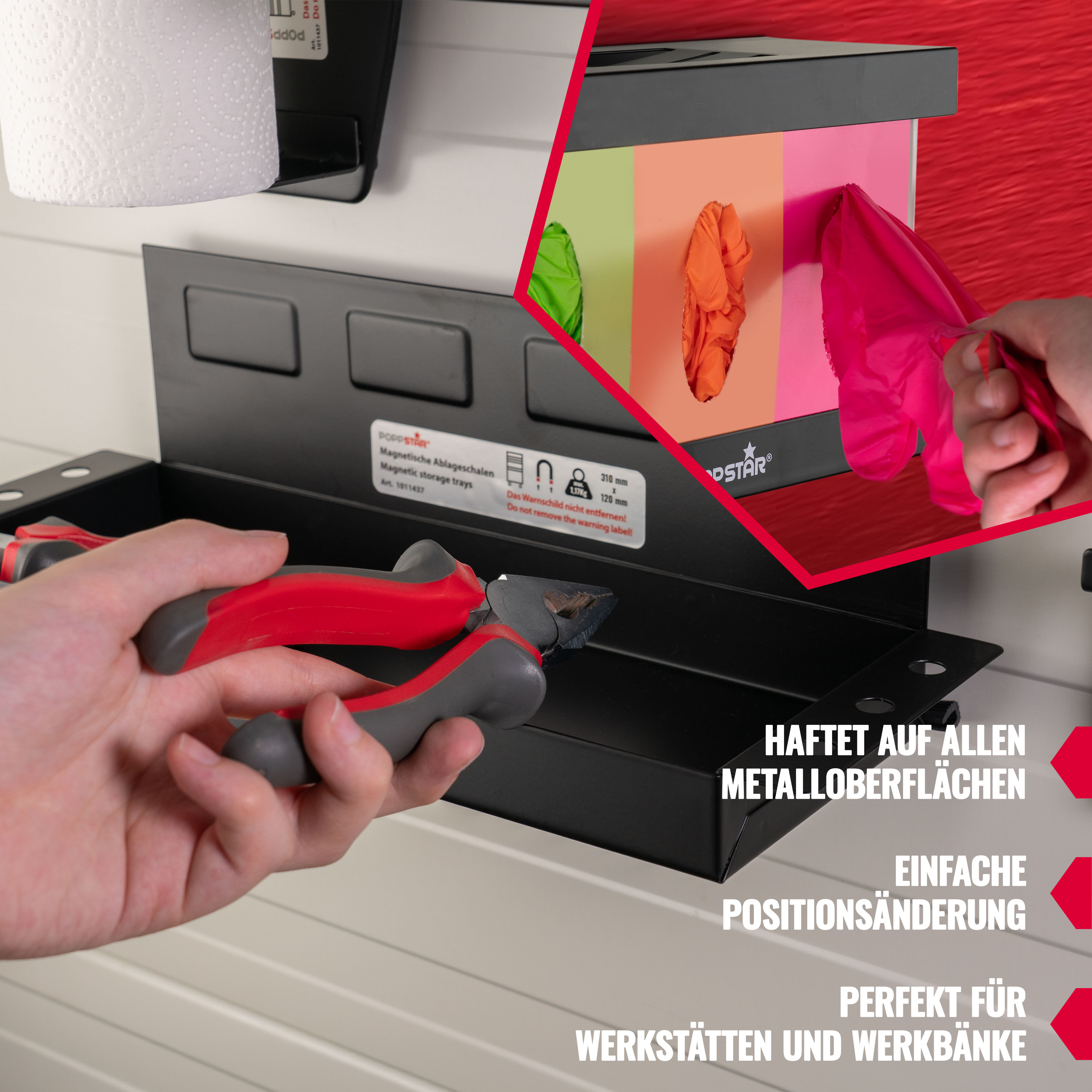Magnetische Werkzeugablage mit Handschuhspender und Haltern