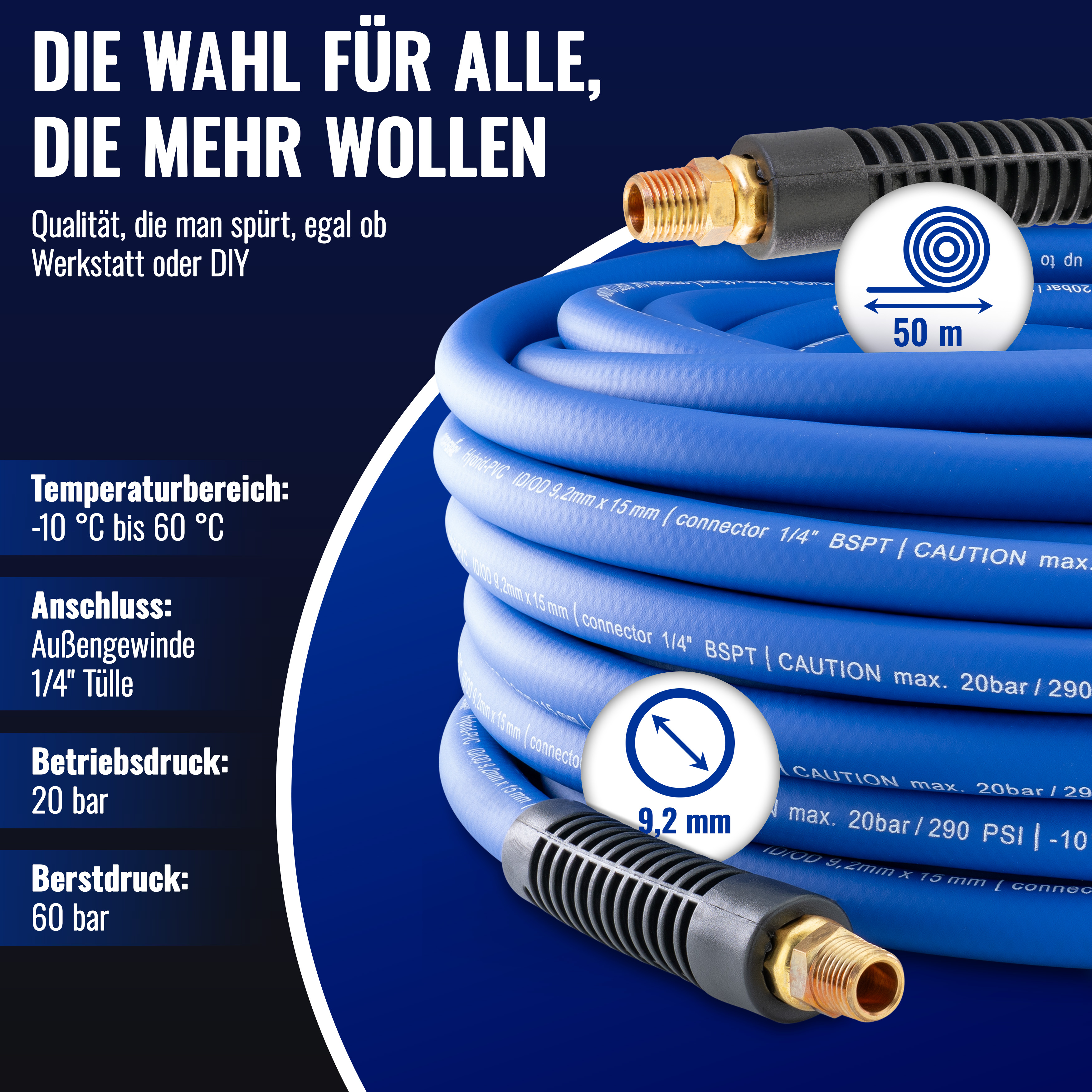 50m PVC Hybrid Druckluftschlauch mit Tülle 1/4" (ID 9,2mm)