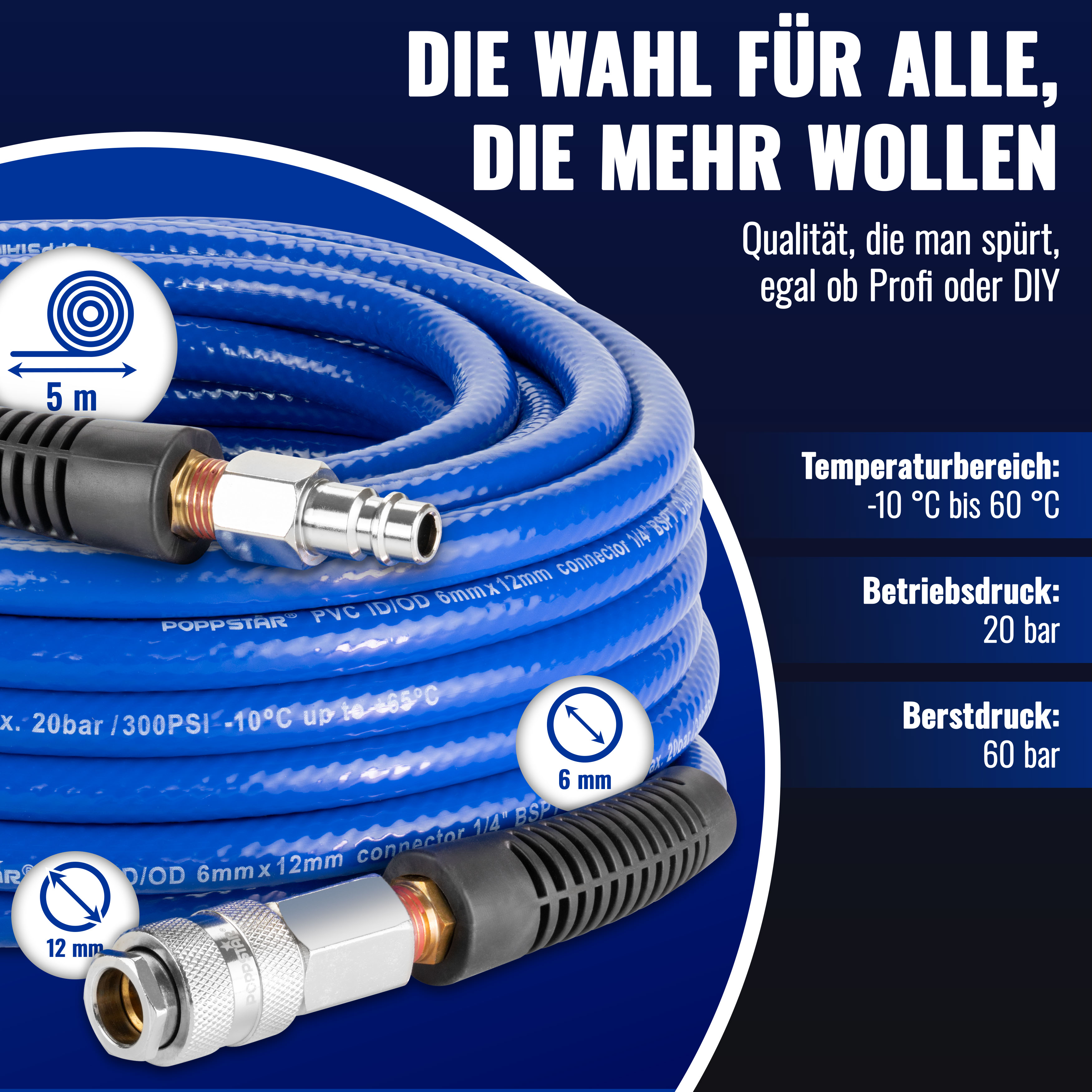 5m PVC Druckluftschlauch mit Schnellkupplung (ID/AD 6/12mm)