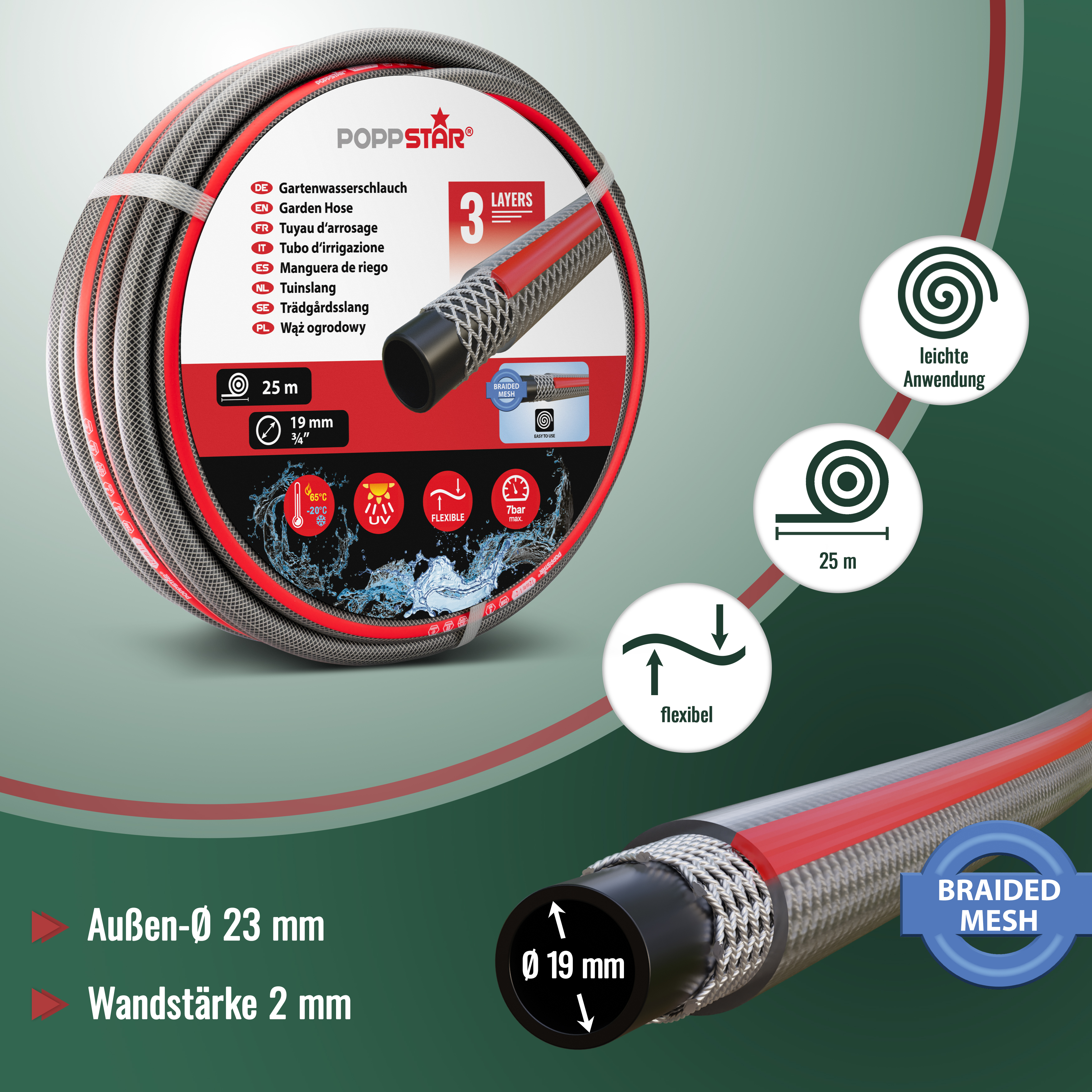 PVC Gartenschlauch 25m, 19mm/23mm (3/4 Zoll), 3-lagig, 7 bar