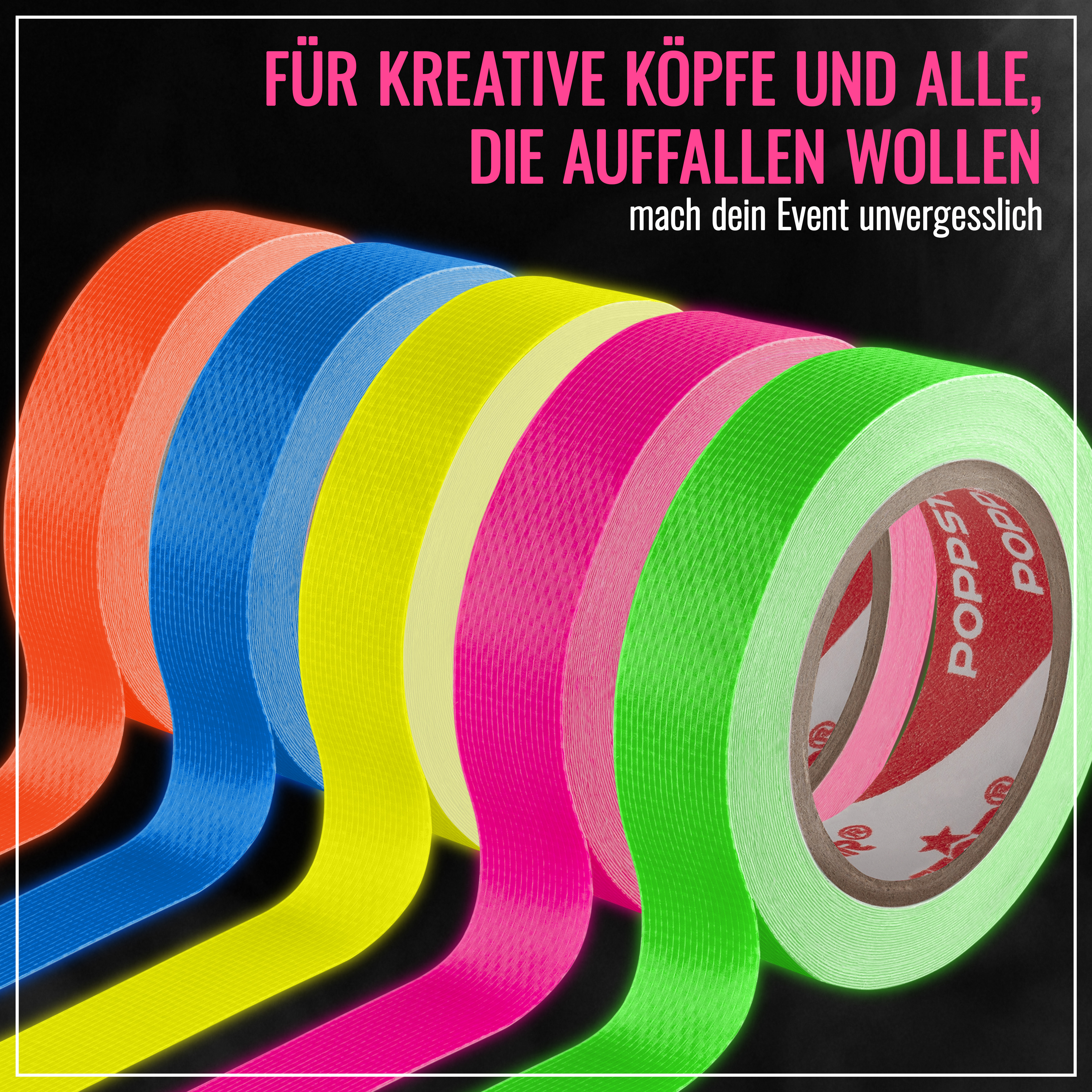 Poppstar 5x Neon Klebeband 15mm x 5m gelb grün rot blau rosa