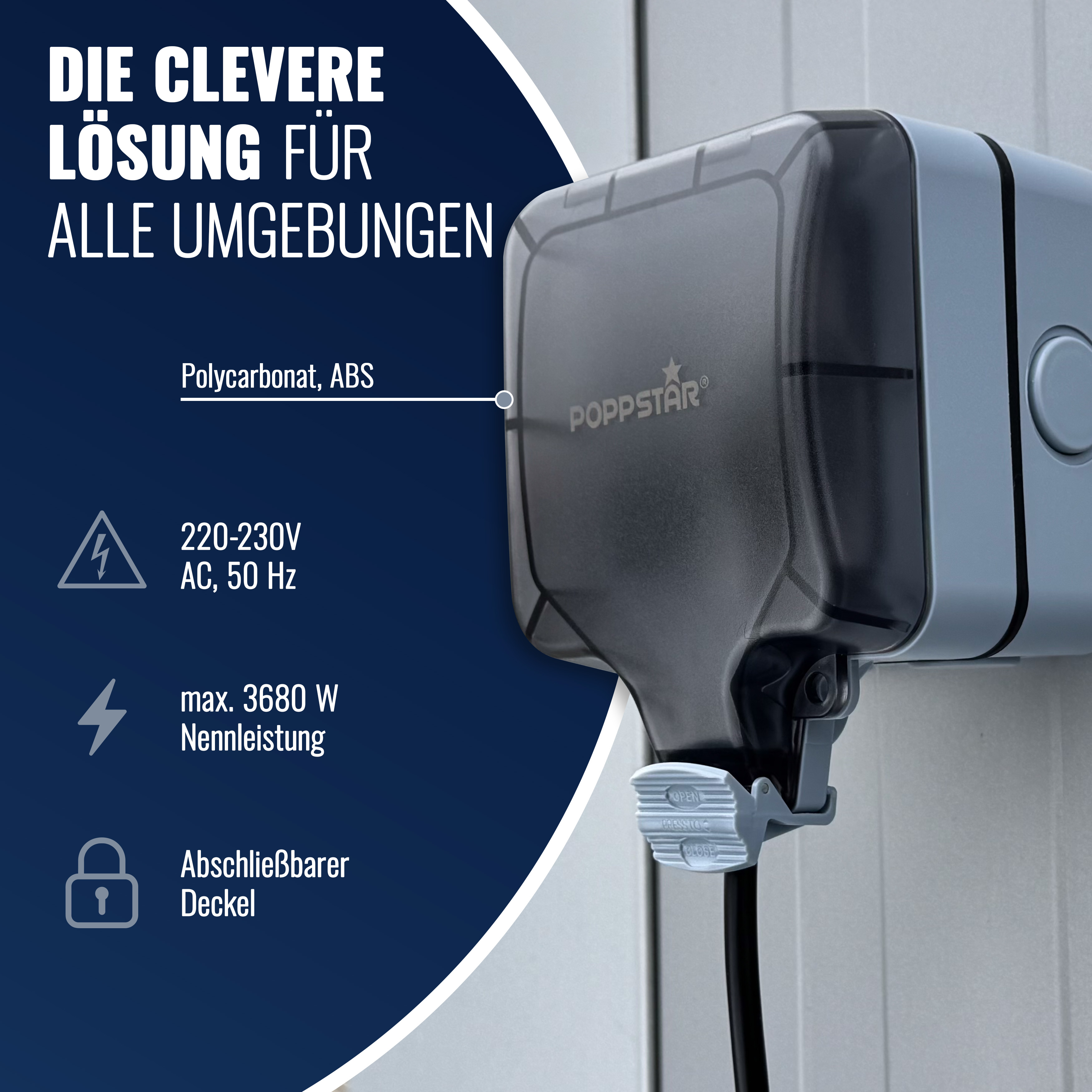 Wasserdichte Außensteckdose, 1-fach, IP66, abschließbar