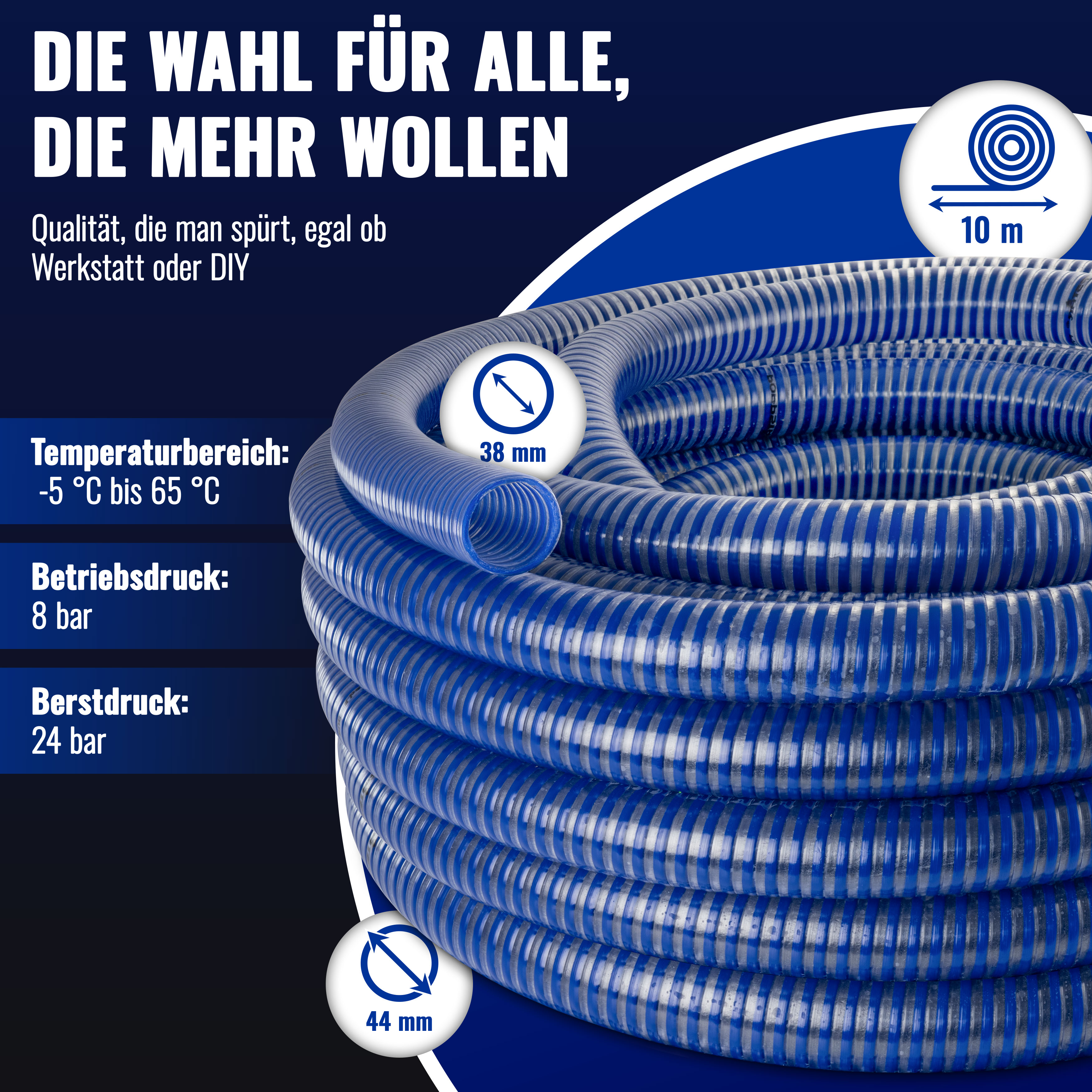 Poppstar PVC Saugschlauch 1 1/2" Spiralschlauch 10m Wasserschlauch ID/AD 38/44mm