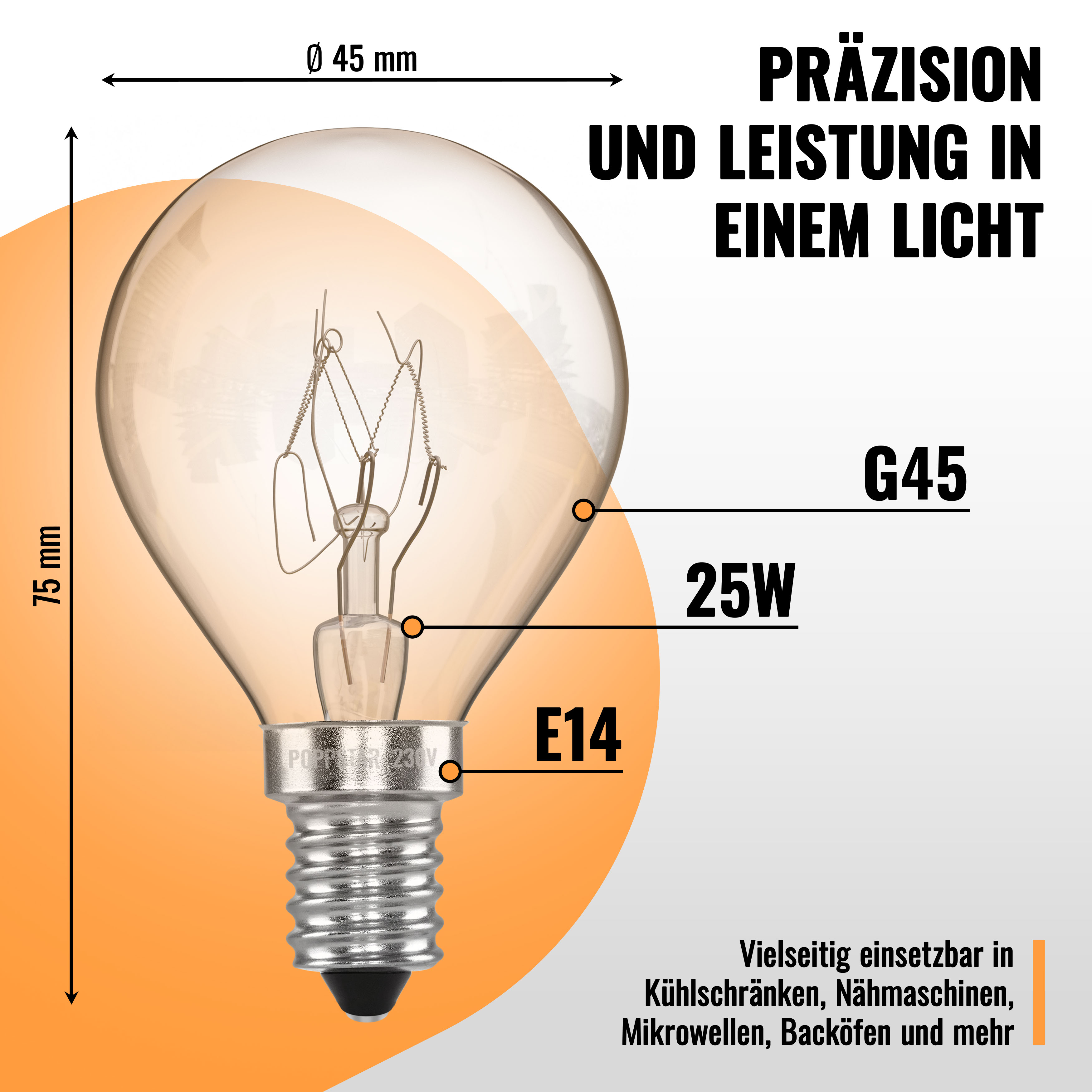 4x Backofenlampe E14 25 Watt G45 bis 300 °C (2400K warmweiß)