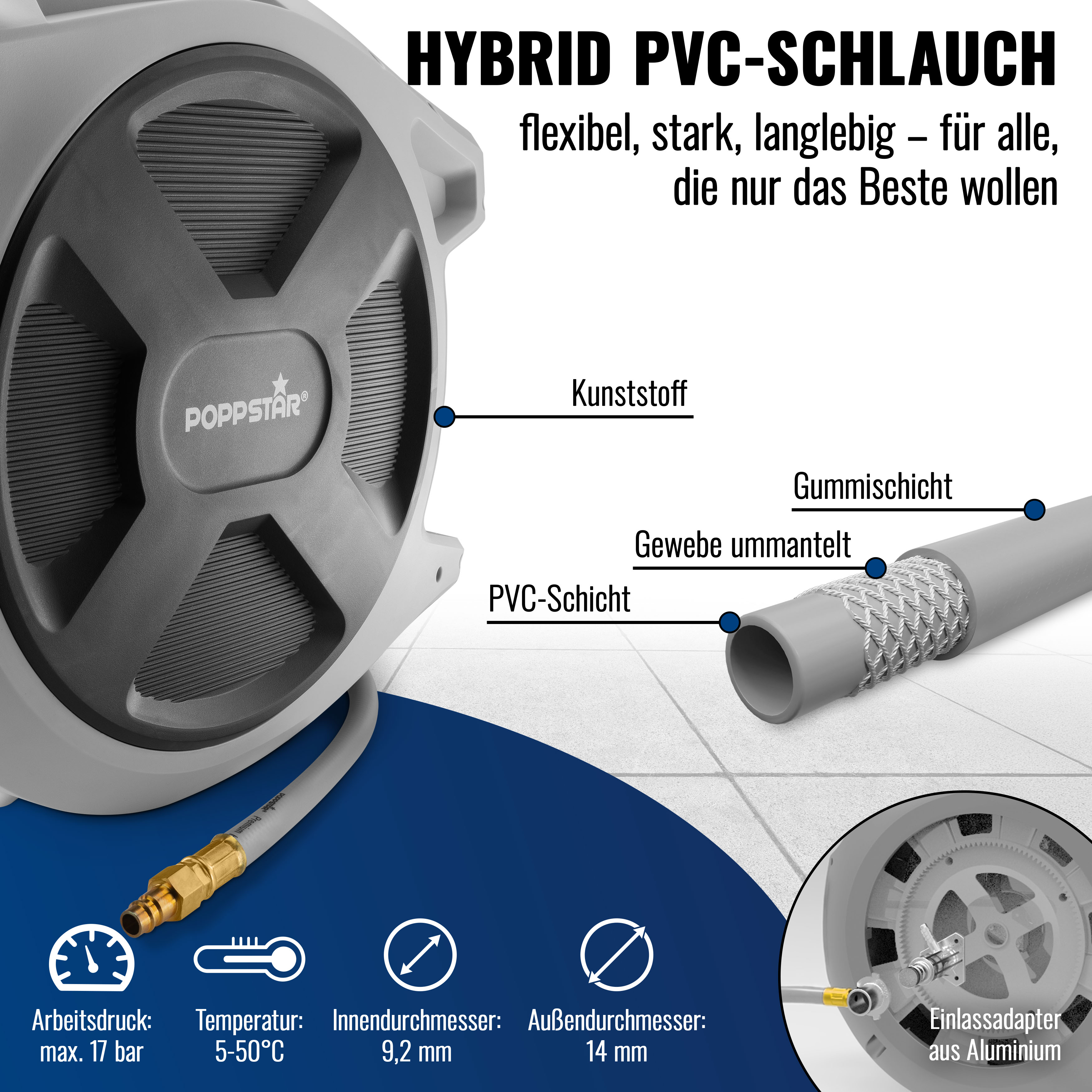 Premium Schlauchtrommel 30m Hybrid PVC Druckluftschlauch