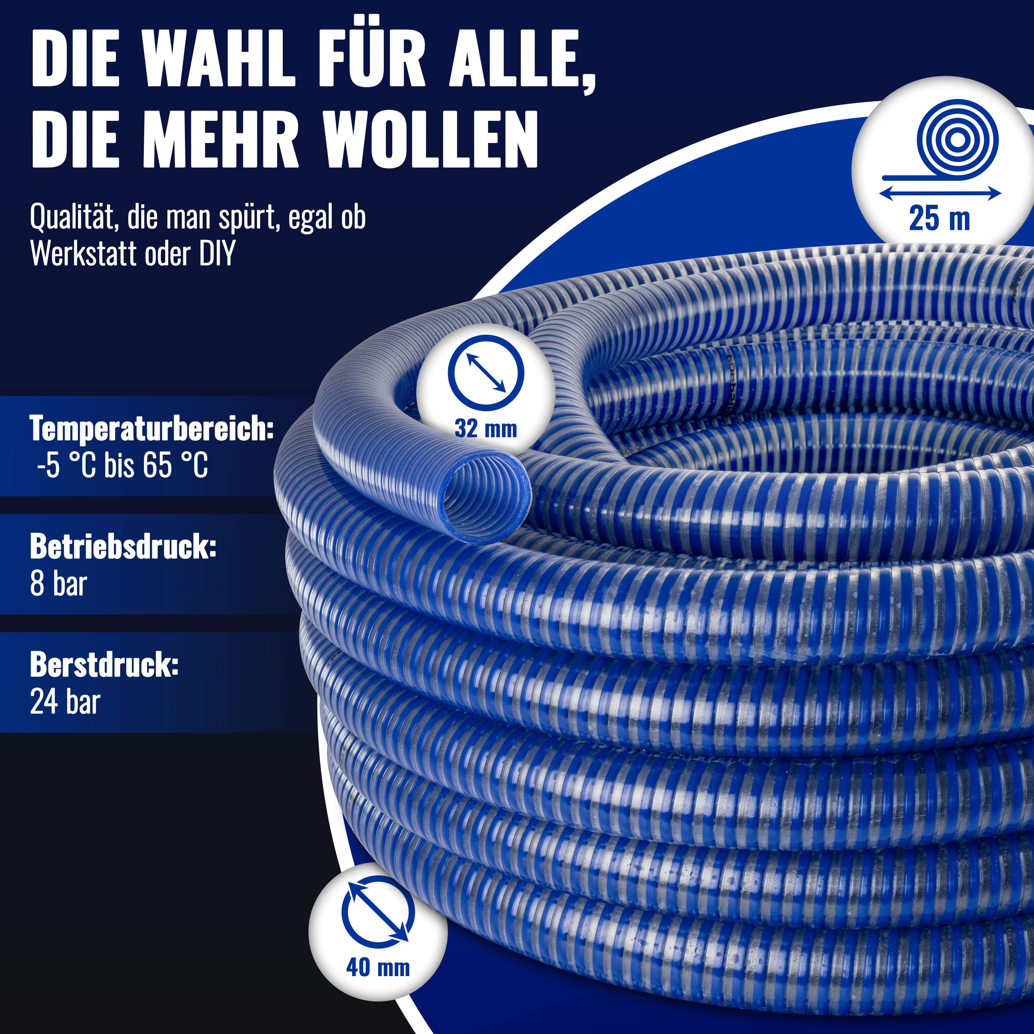 Poppstar PVC Saugschlauch 1 1/4" Spiralschlauch 25m Wasserschlauch ID/AD 32/40mm