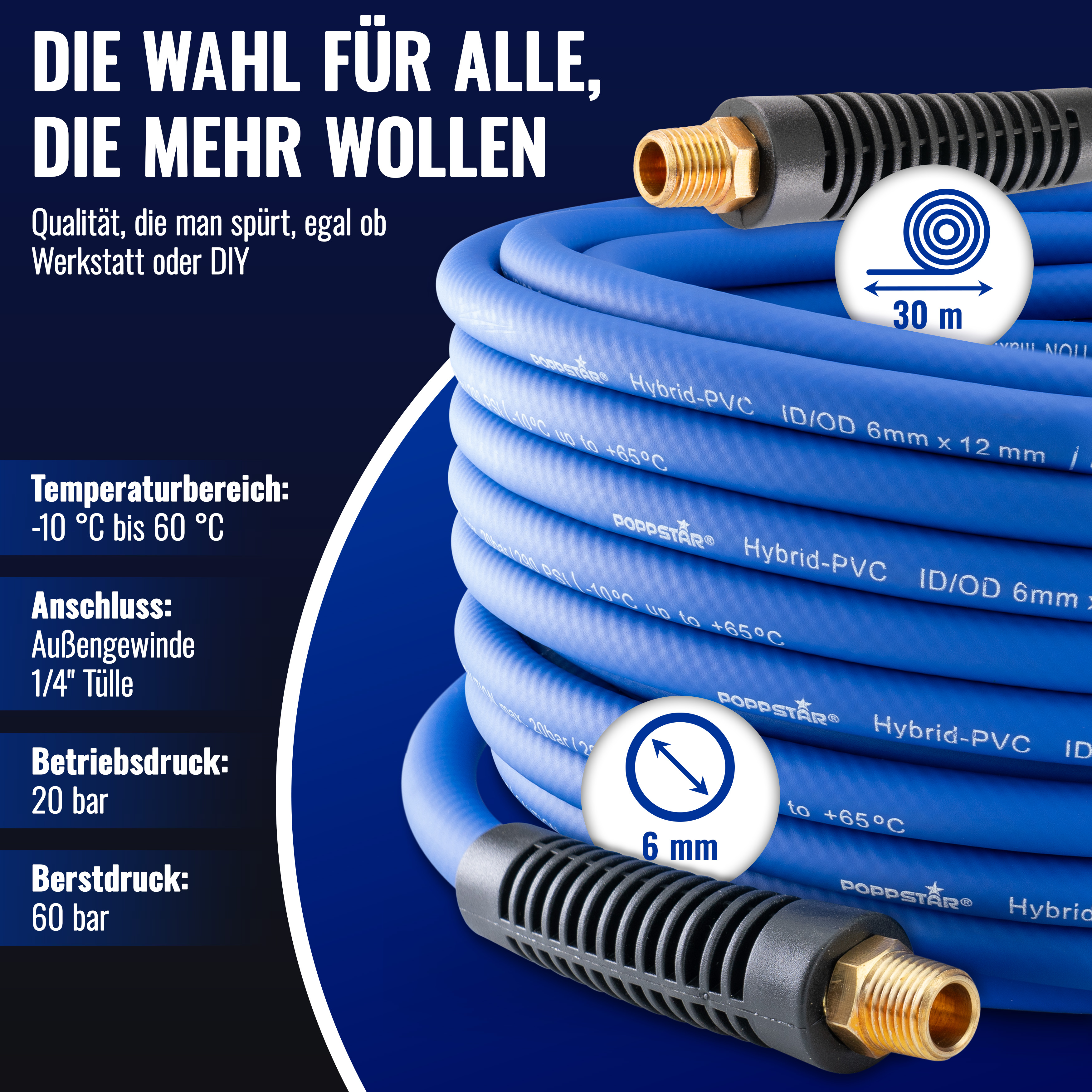 30m PVC Hybrid Druckluftschlauch mit Tülle 1/4" (ID 6mm)