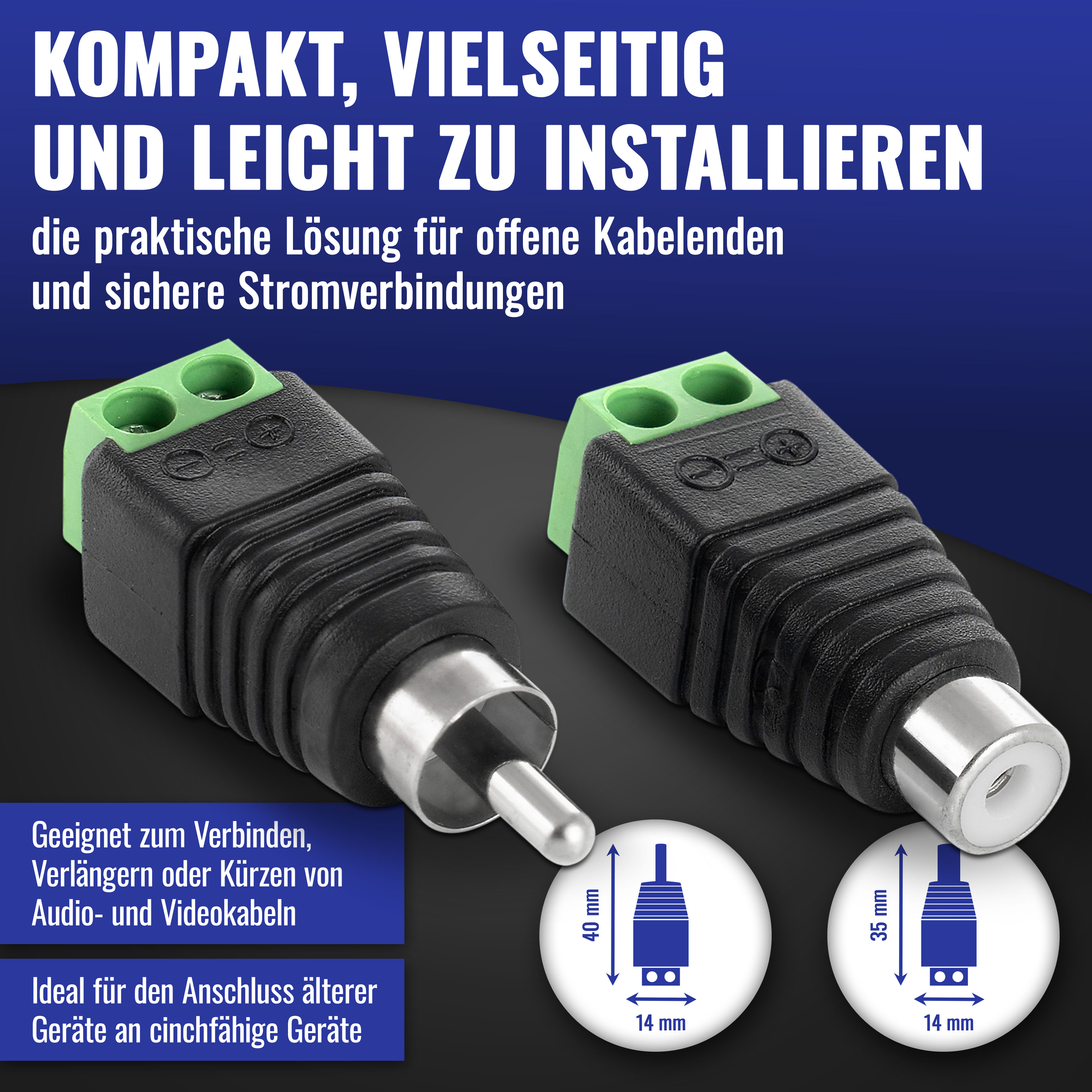 RCA Adapter (5 Buchsen/5 Stecker) auf 2-pin Terminalblock, 10 Stk