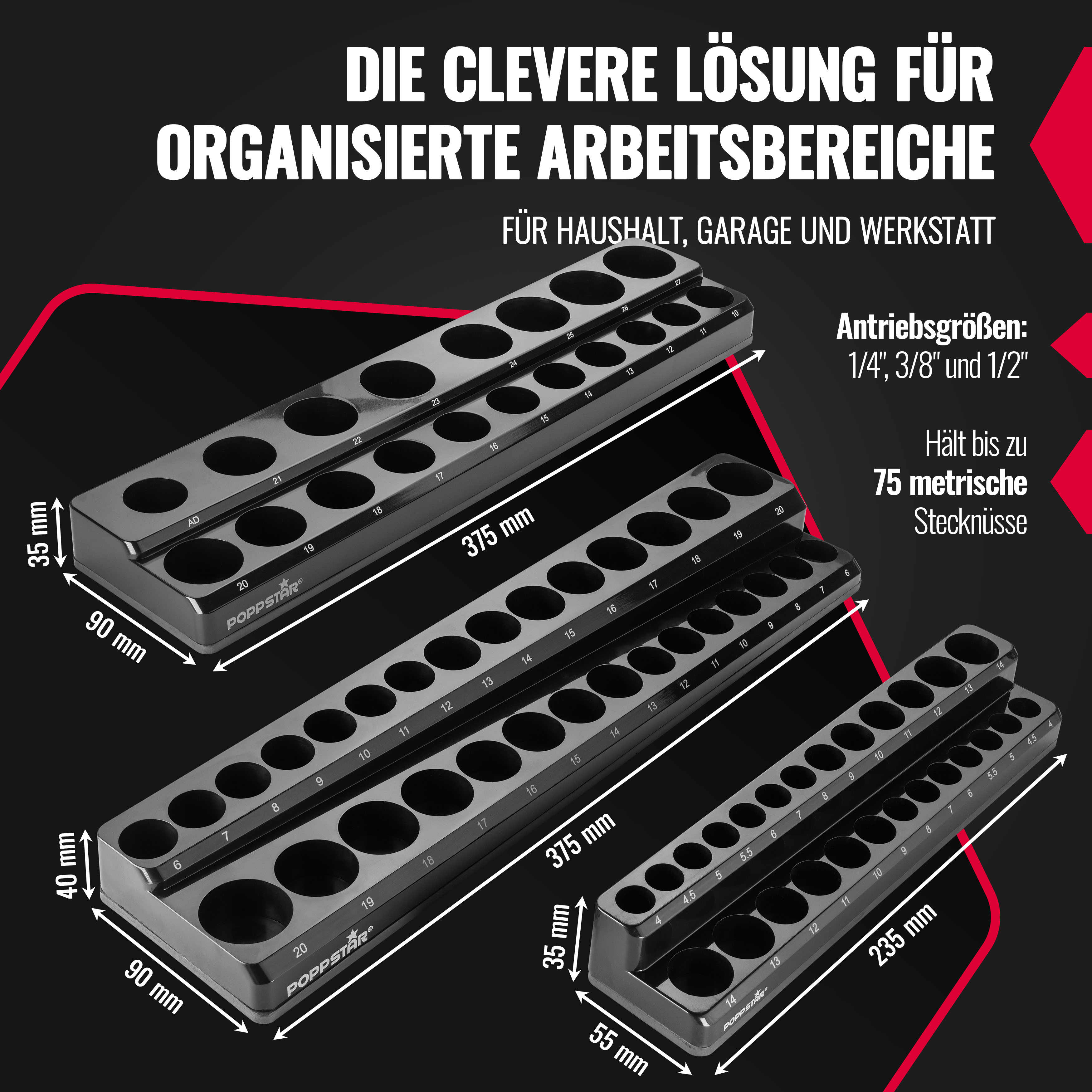 Stecknusshalter magnetisch Set 3-teilig 1/4 3/8 1/2, 75 Plätze