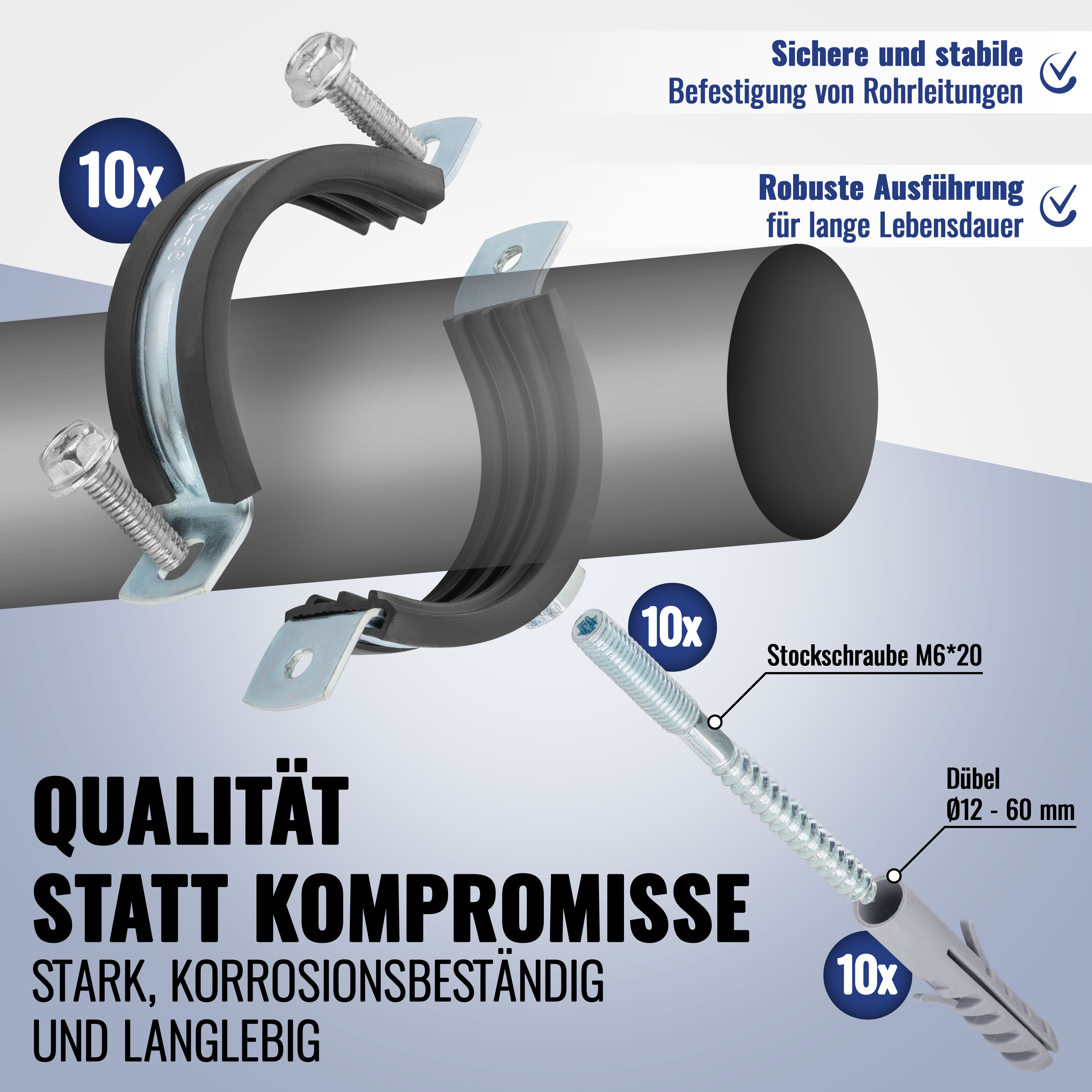 10 Schraubrohrschellen W1 (50-56 mm, Stockschrauben und Dübeln)