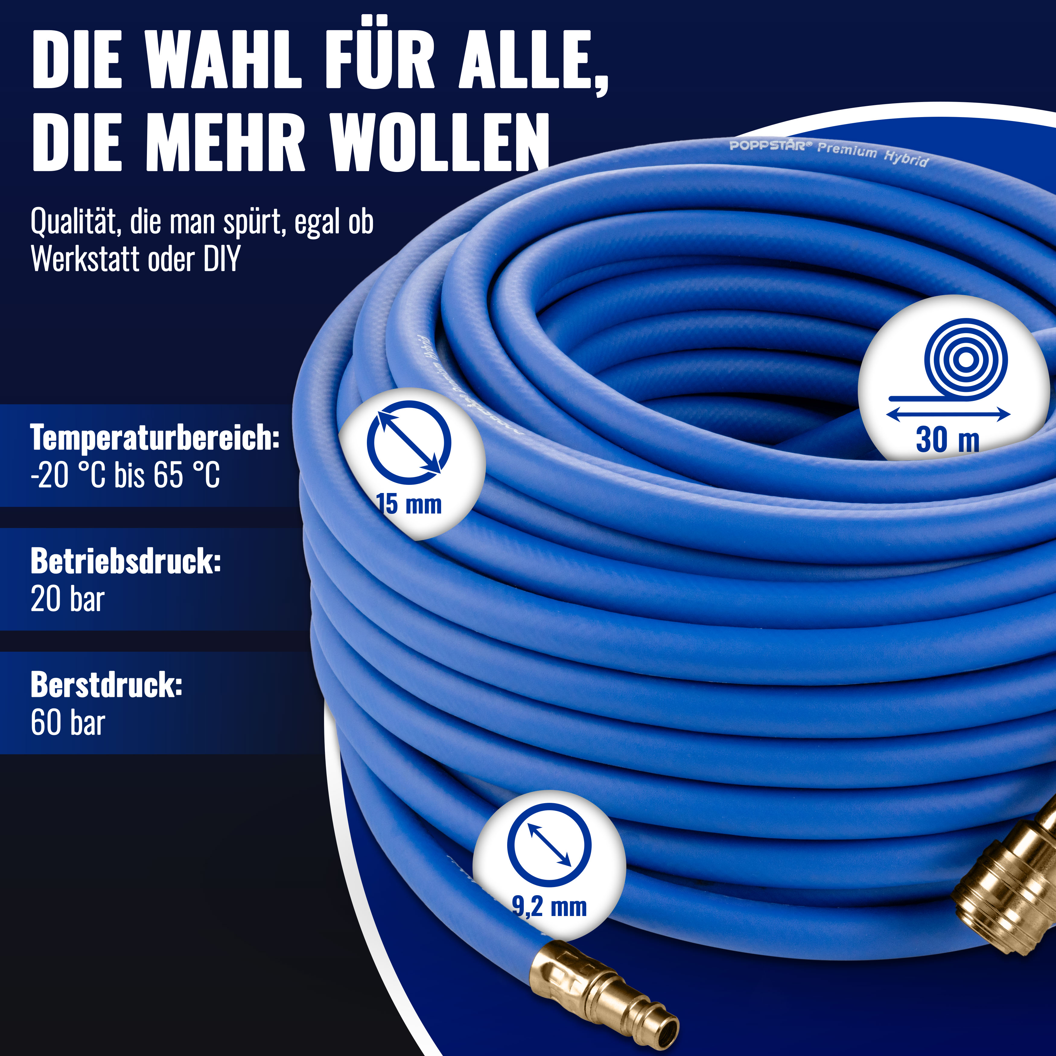 Druckluftschlauch 30m (Messing, NW 7,2, ID 9,2mm, 20 bar)