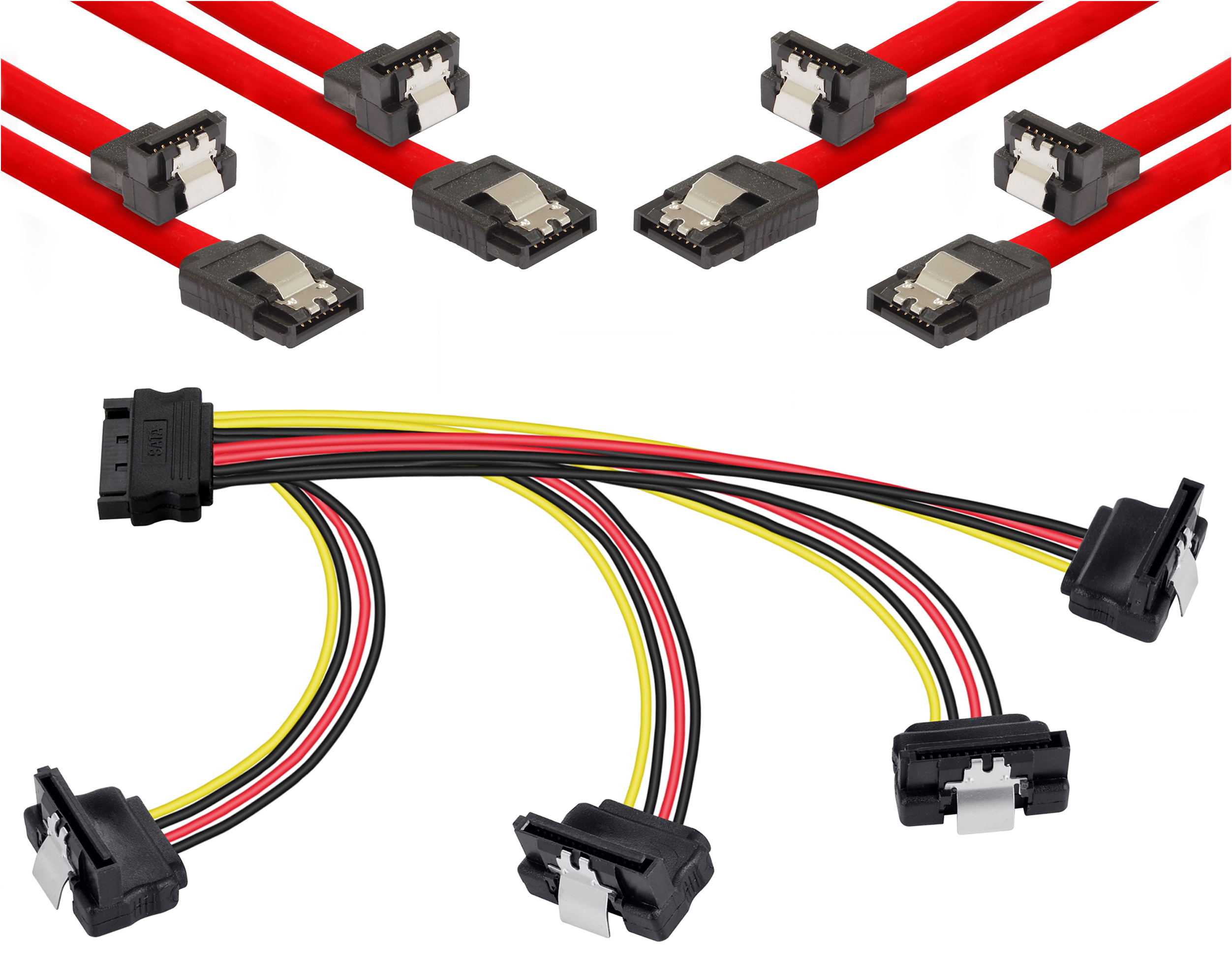 SATA Kabel Set, 4x SATA 3 Datenkabel + SATA 3 Stromadapterkabel