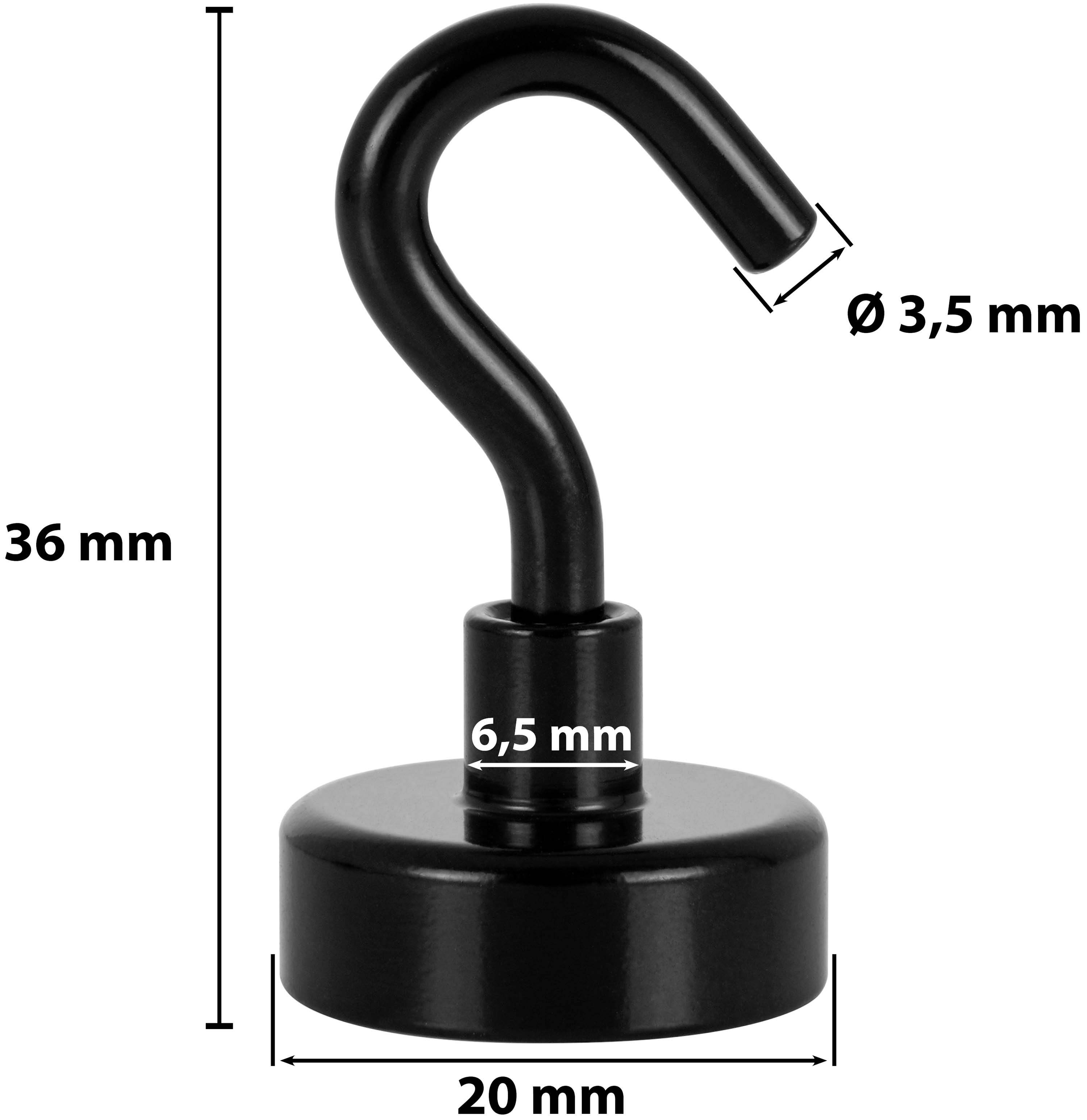10 Stück Neodym Magnet-Haken schwarz Ø 20 mm, Haftkraft 12 kg
